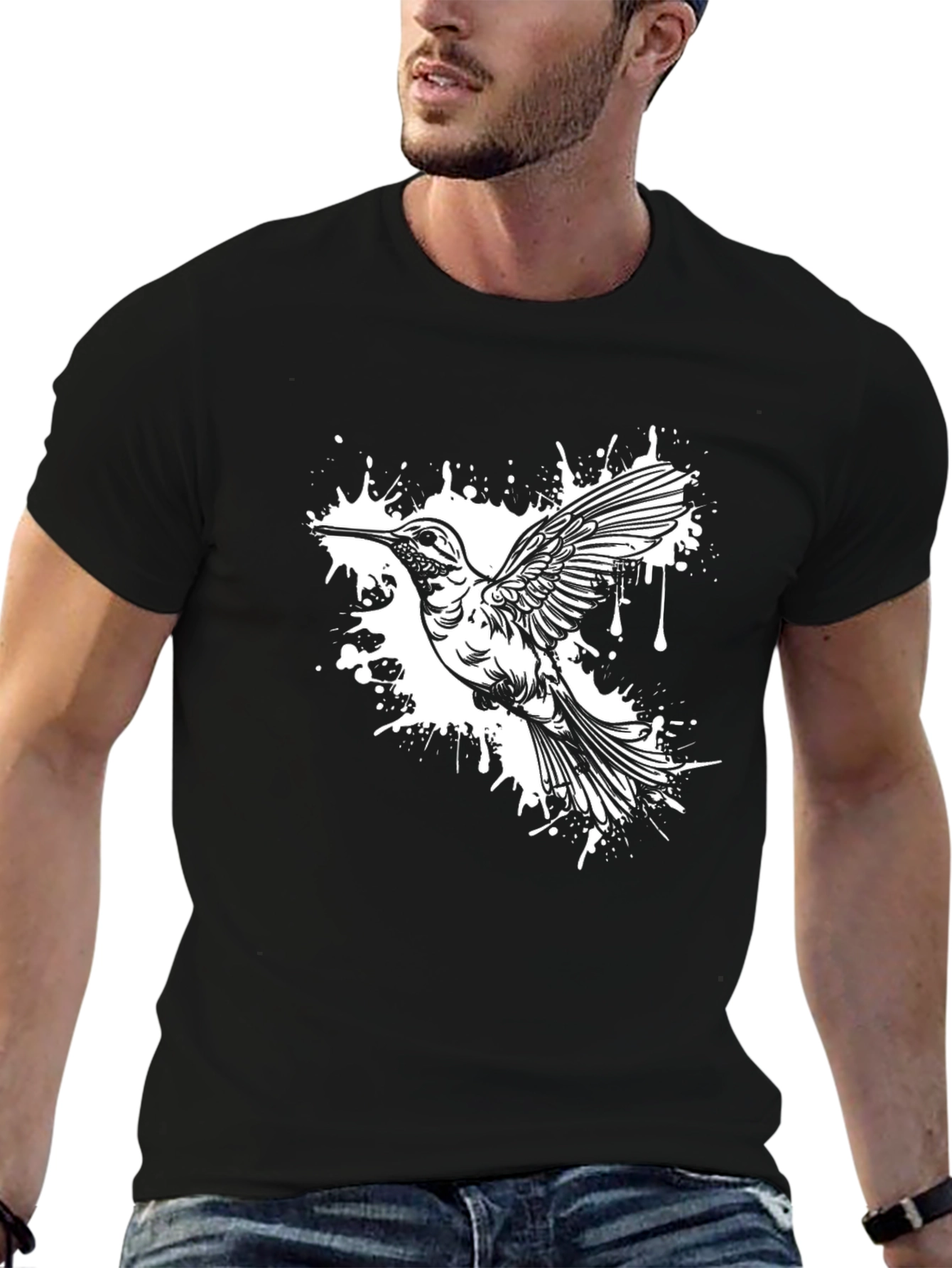 Black Hummingbird Splash Graphic Tee - Black Cotton Blend view 6