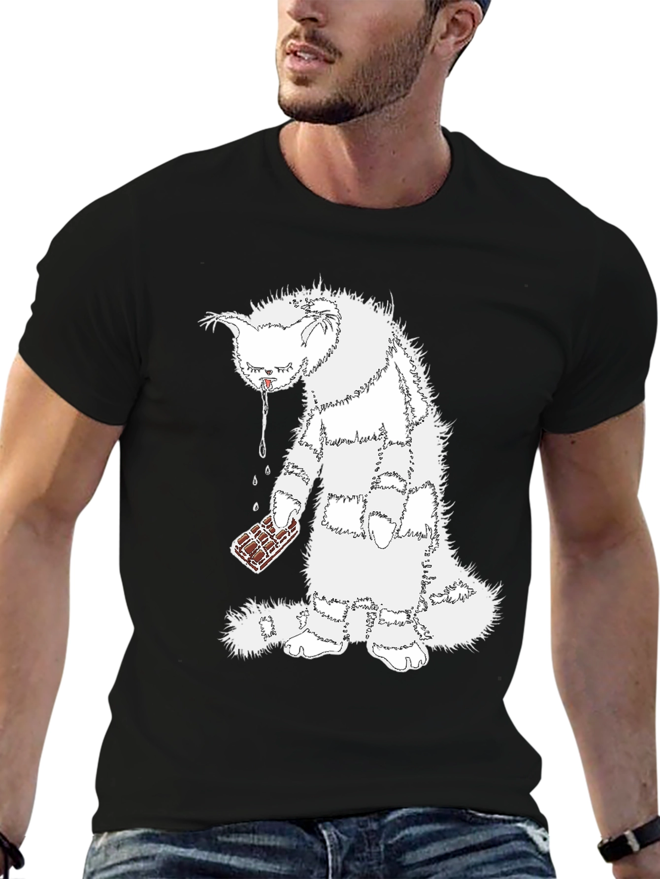 Black Funny Cat Chocolate T-Shirt - Unisex Black Tee view 6