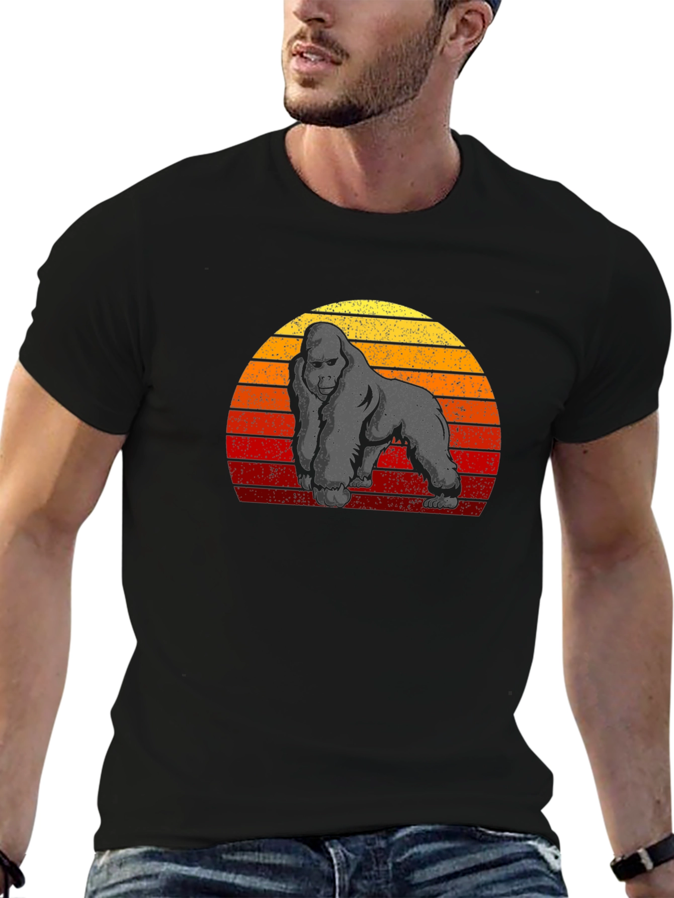 Black Retro Gorilla Sunset Graphic Tee view 6