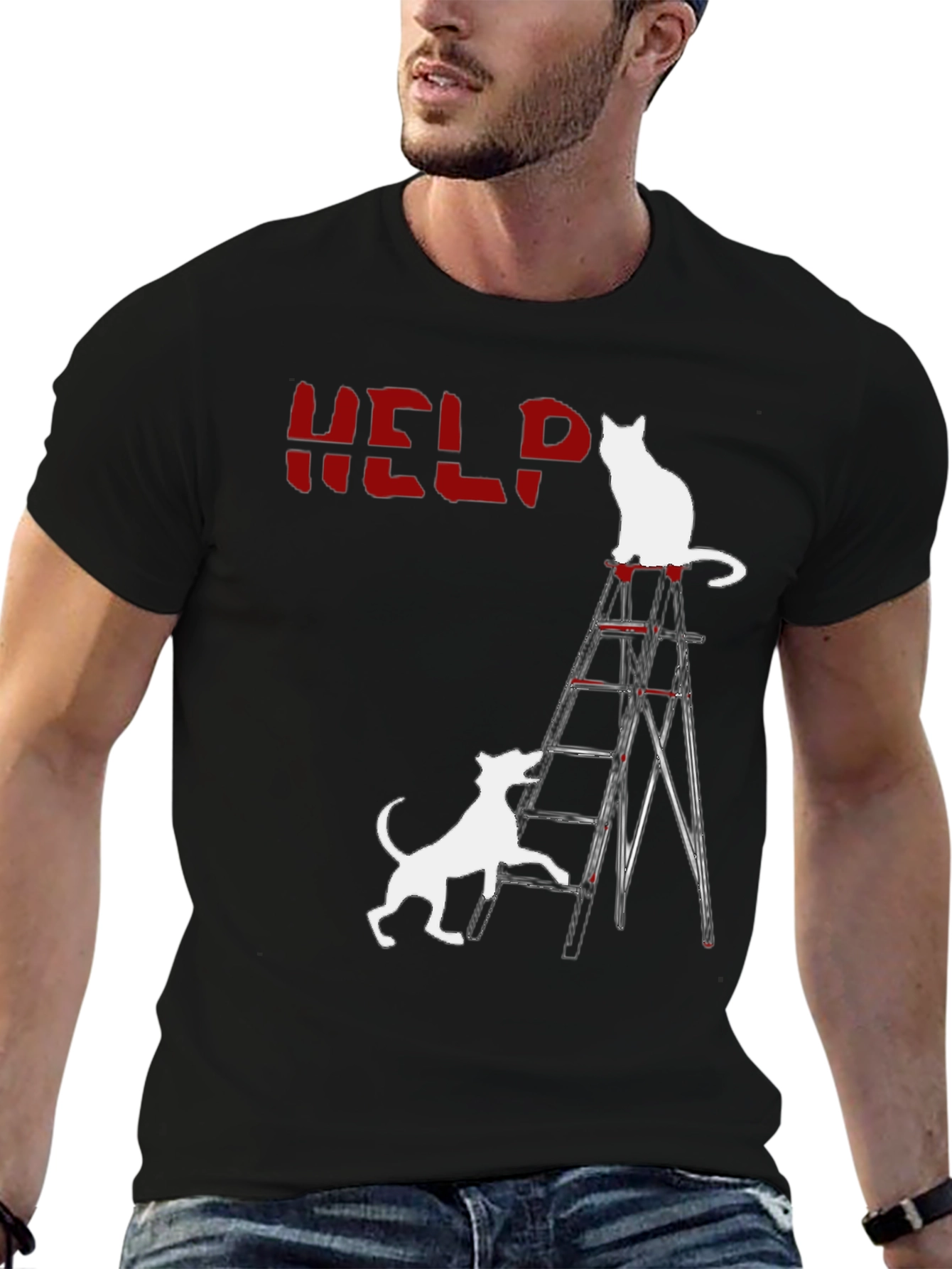 Black Funny Cat & Dog HELP T-Shirt  view 6