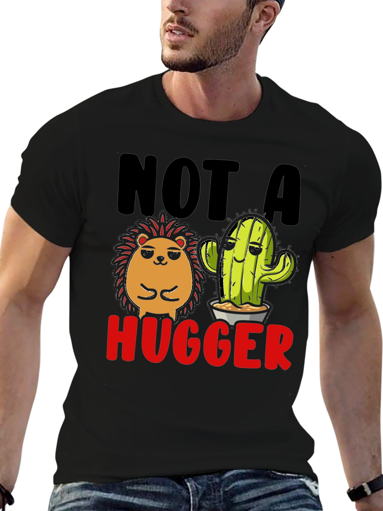 Black Not a Hugger T-Shirt Funny Cactus Hedgehog view 6