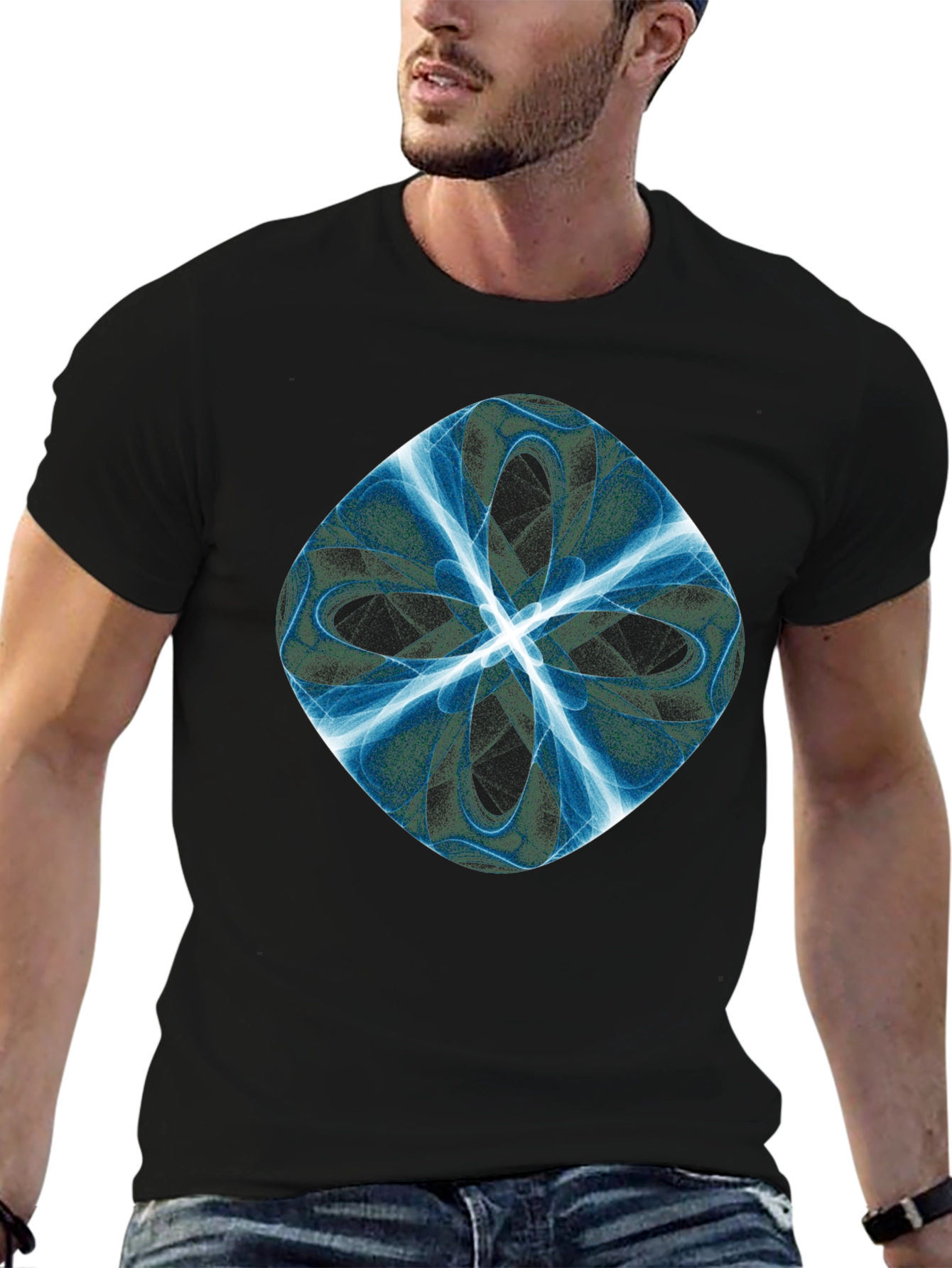 Black Abstract Blue Petal Graphic Black T-Shirt view 6