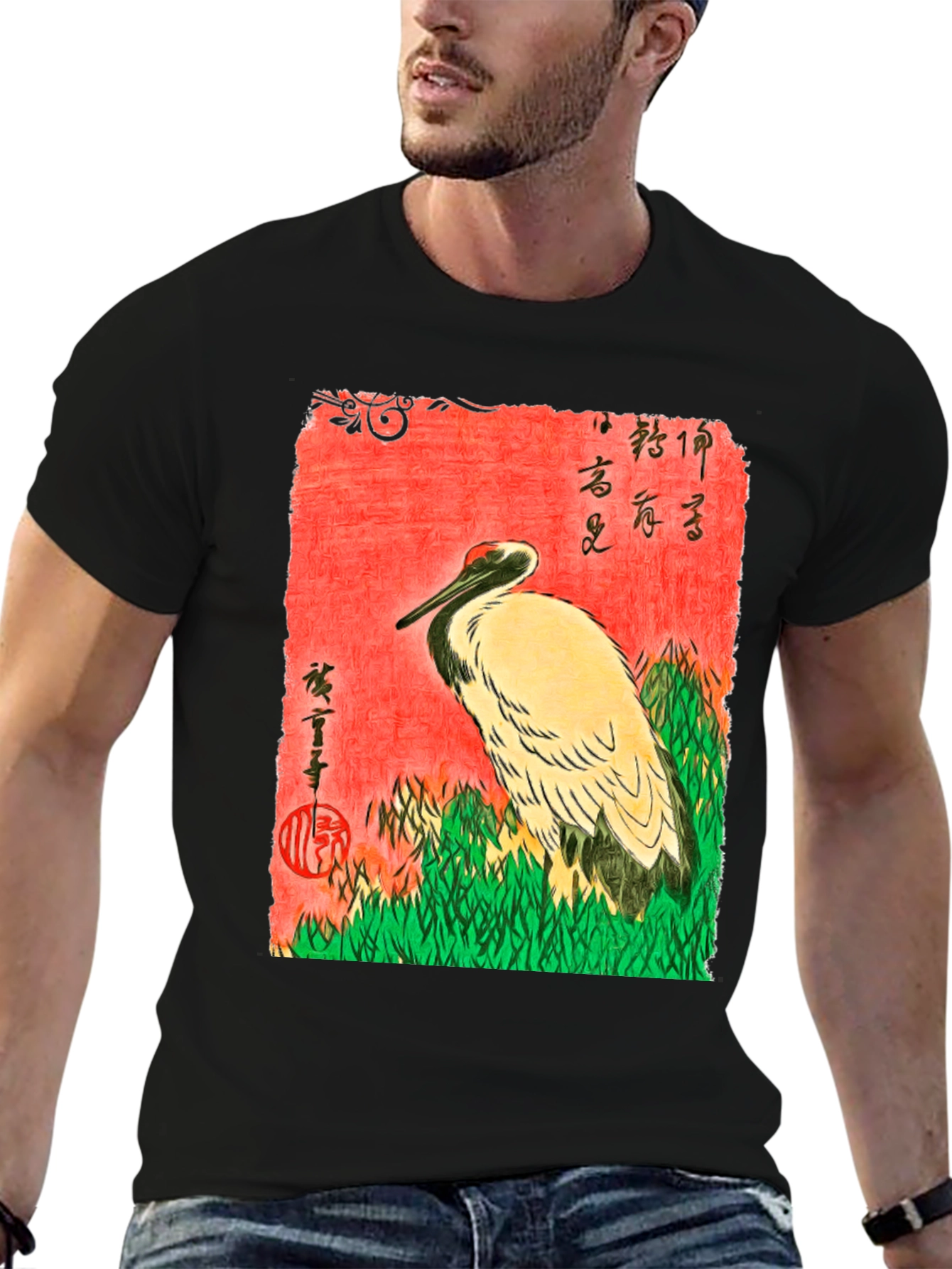 Black Japanese Crane Ukiyo-e T-Shirt view 6