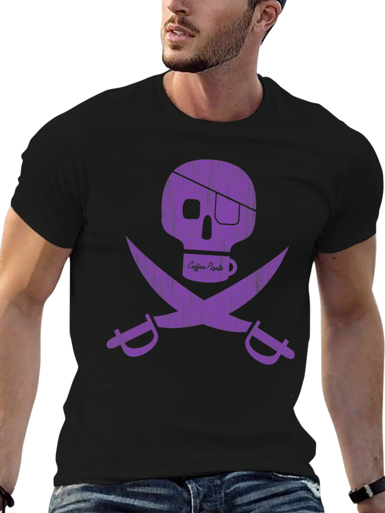 Black Coffee Pirate Graphic T-Shirt - Skull & Swords view 6