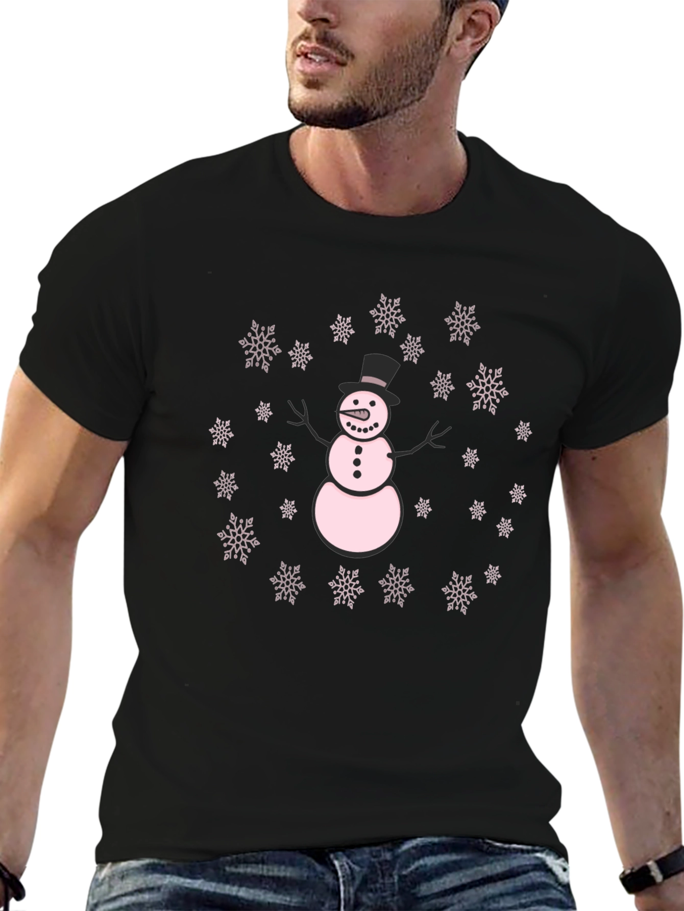Black Snowman & Snowflake Black Holiday T-Shirt view 6