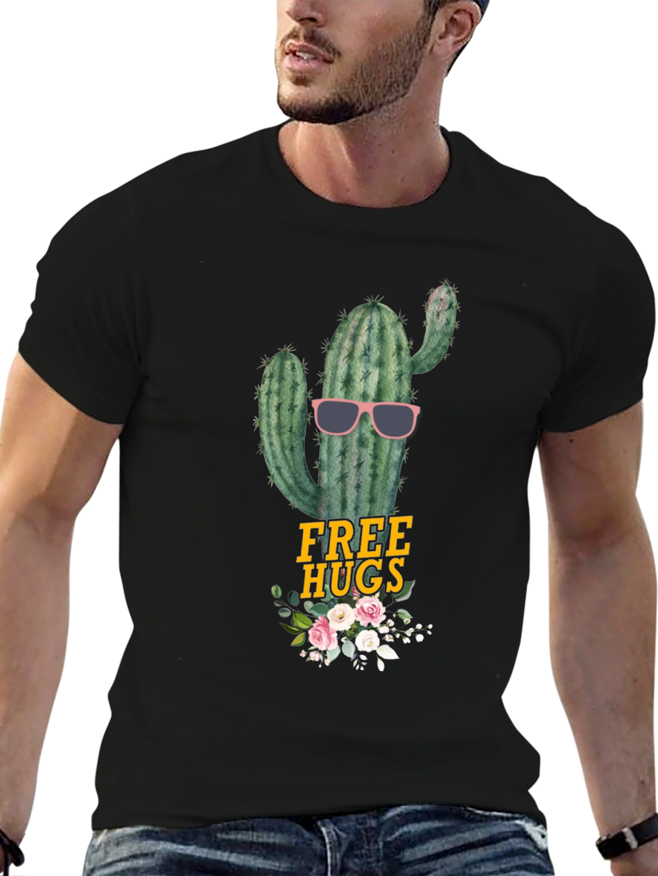 Black Cactus Free Hugs Graphic Tee - Funny Novelty Shirt view 6
