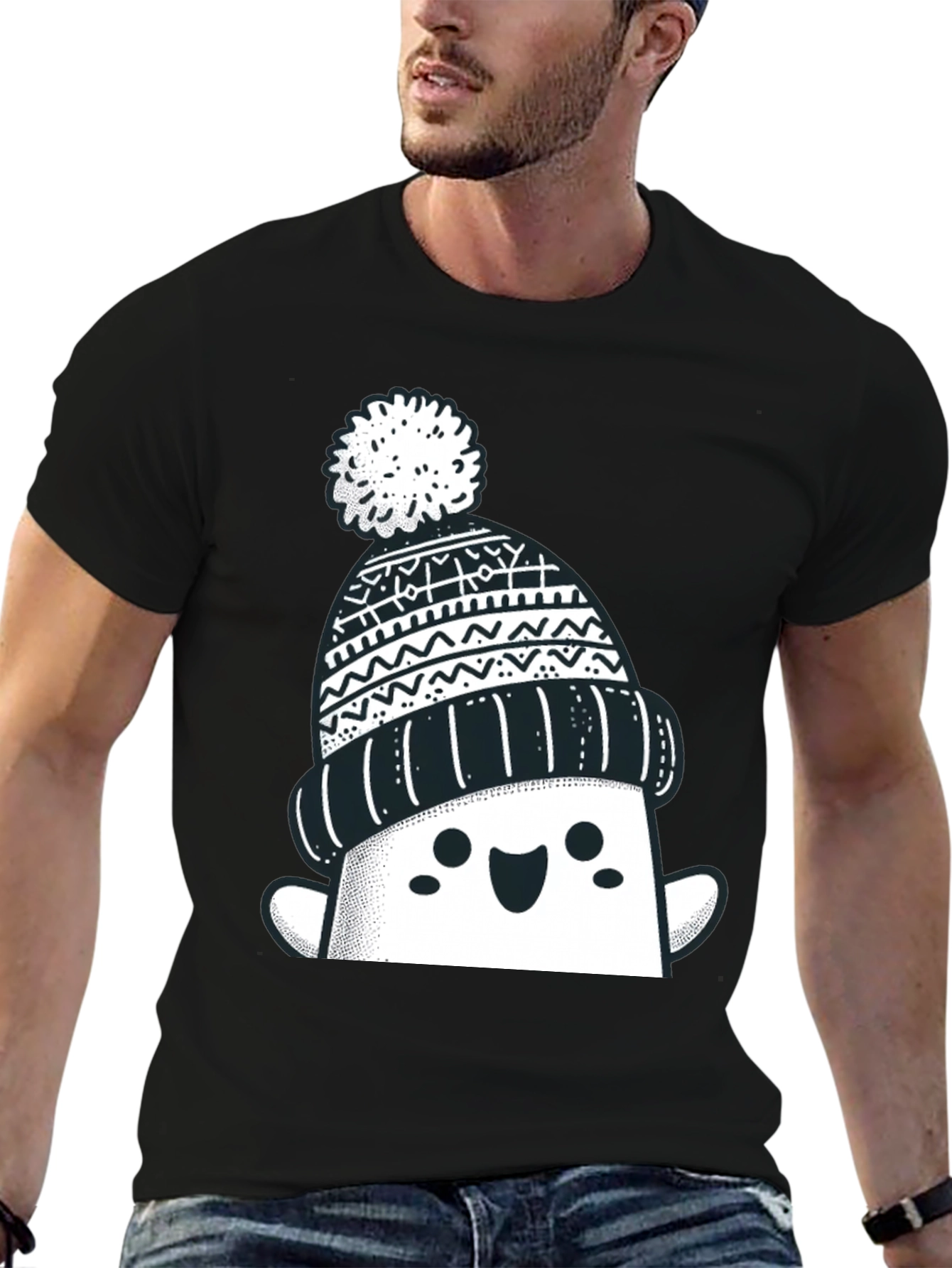 Black Festive Graphic Tee - Winter Hat Design view 6