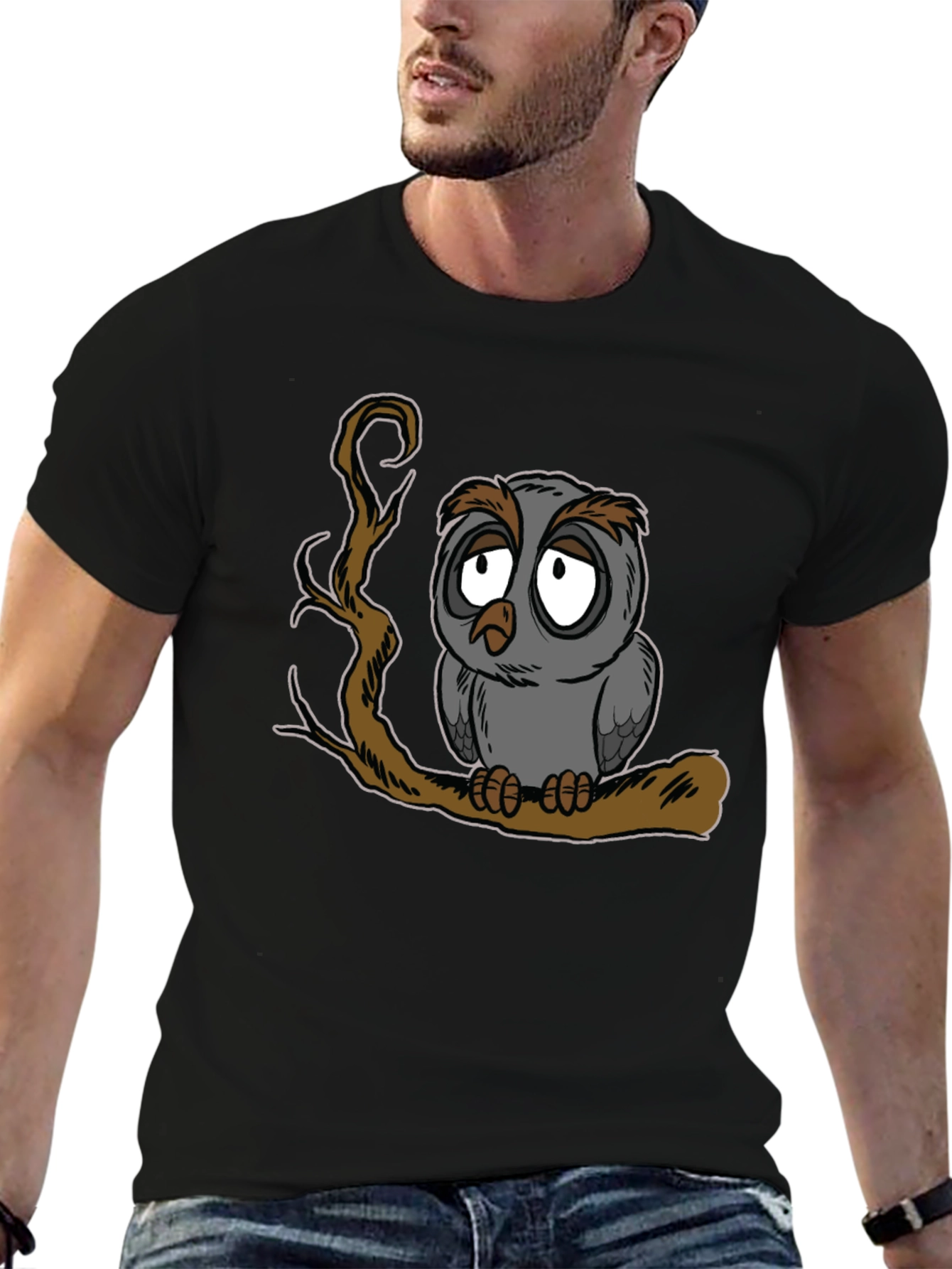Sad Owl Graphic Print Black T-Shirt - 6