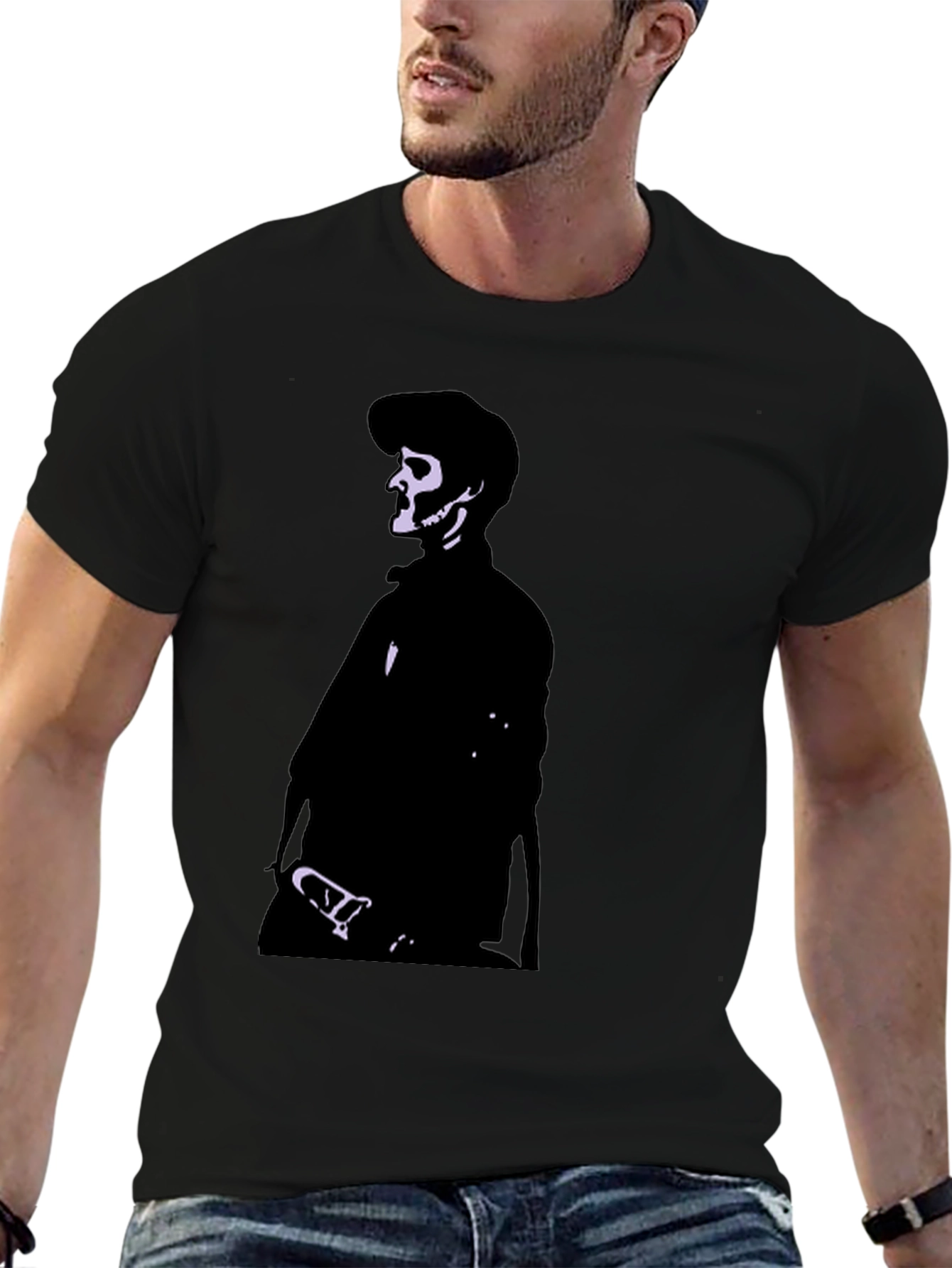 Black Men's Black T-Shirt with Skull Illustration view 6