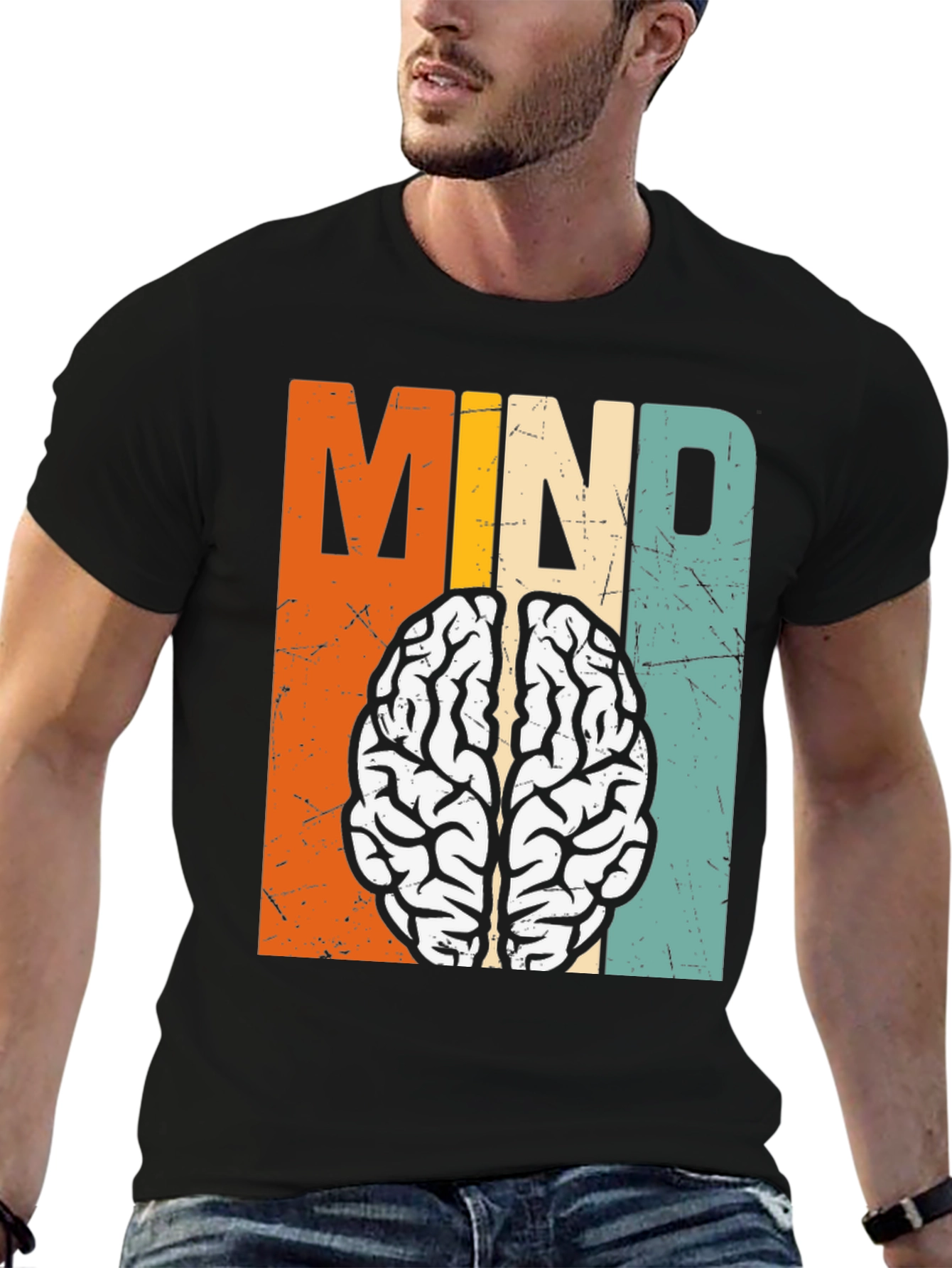 Black Retro Mind Brain Graphic T-Shirt view 6