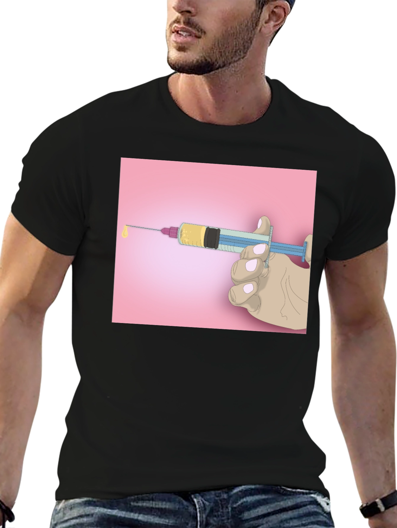 Black Unique Graphic Tee: Syringe Design - Bold Statement Piece view 6
