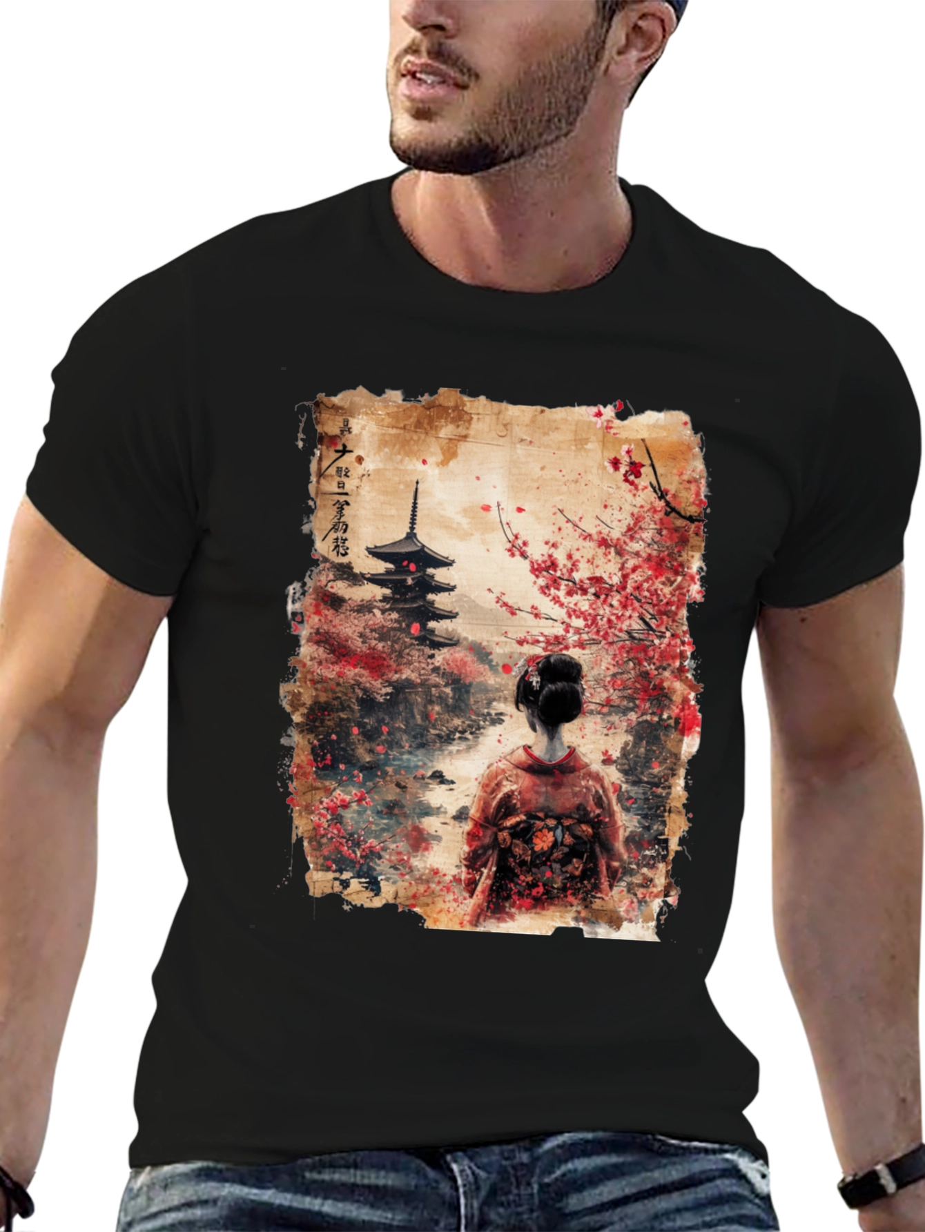 Black Japanese Pagoda & Geisha Graphic Tee - Black view 6