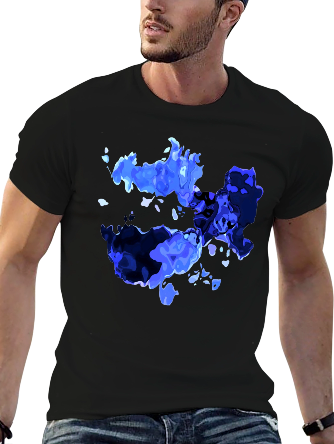 Black Abstract Blue Graphic Print Black T-Shirt view 6
