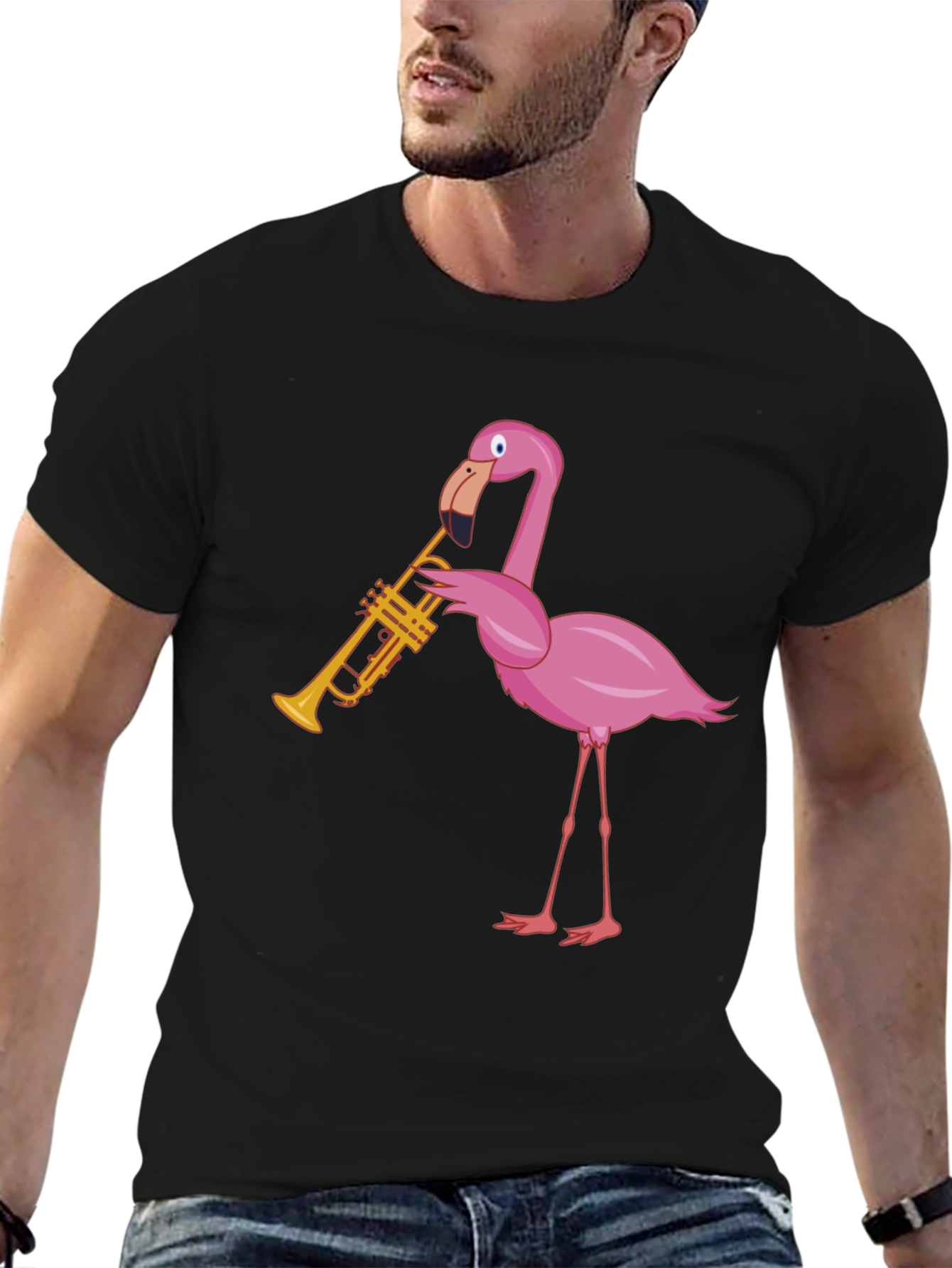 Black Funky Flamingo Trumpet Graphic T-Shirt view 6