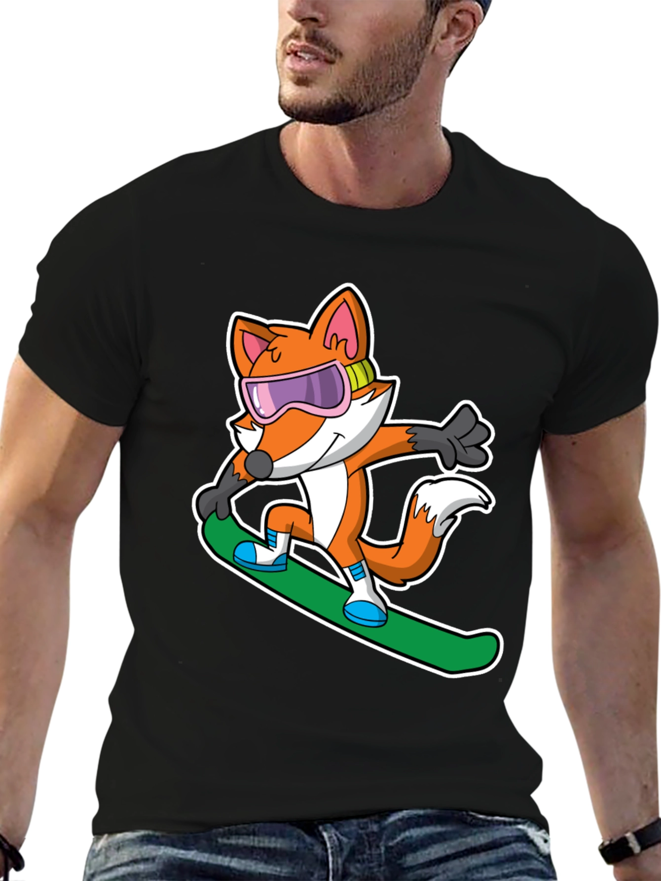 Black Fox Snowboarder T-Shirt - Cool Cartoon Animal Tee view 6