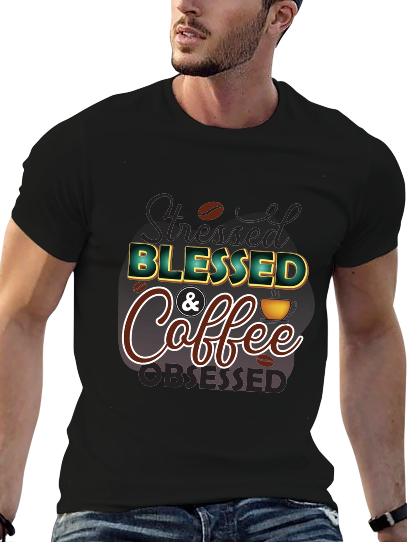 Black Blessed & Coffee Obsessed T-Shirt view 6