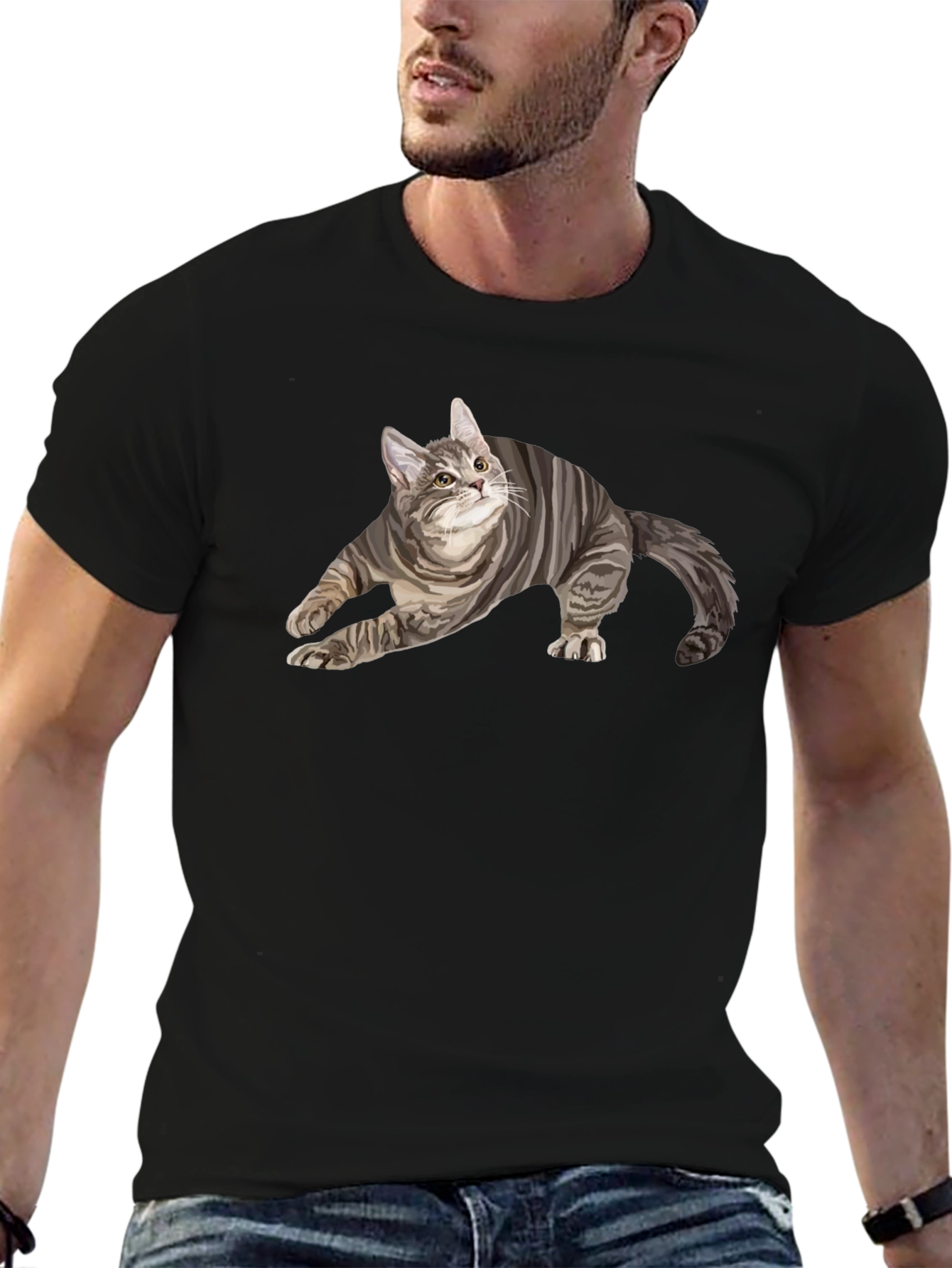 Black Men's Black T-Shirt with Cat Graphic view 6
