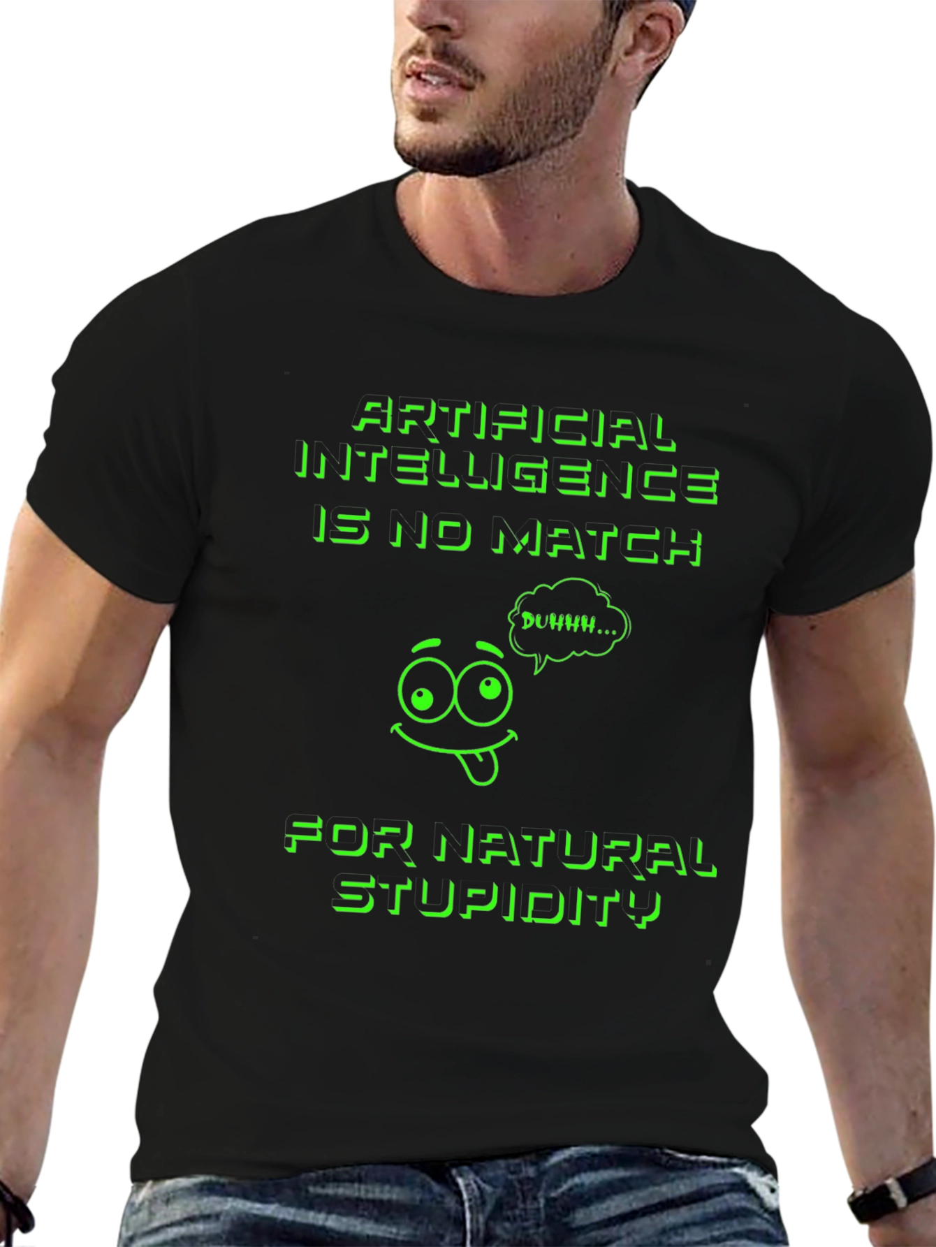 Black Funny AI vs. Stupidity Graphic T-Shirt view 6