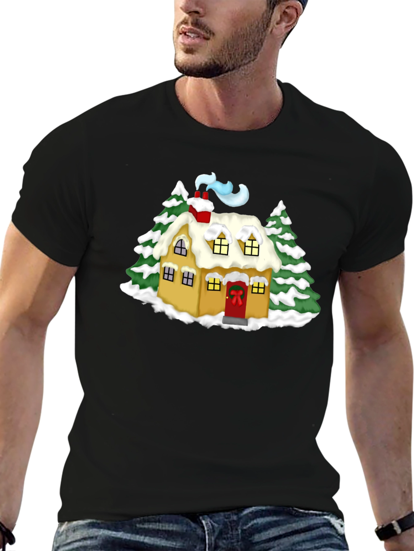 Black Whimsical Winter House Graphic Tee - Black view 6