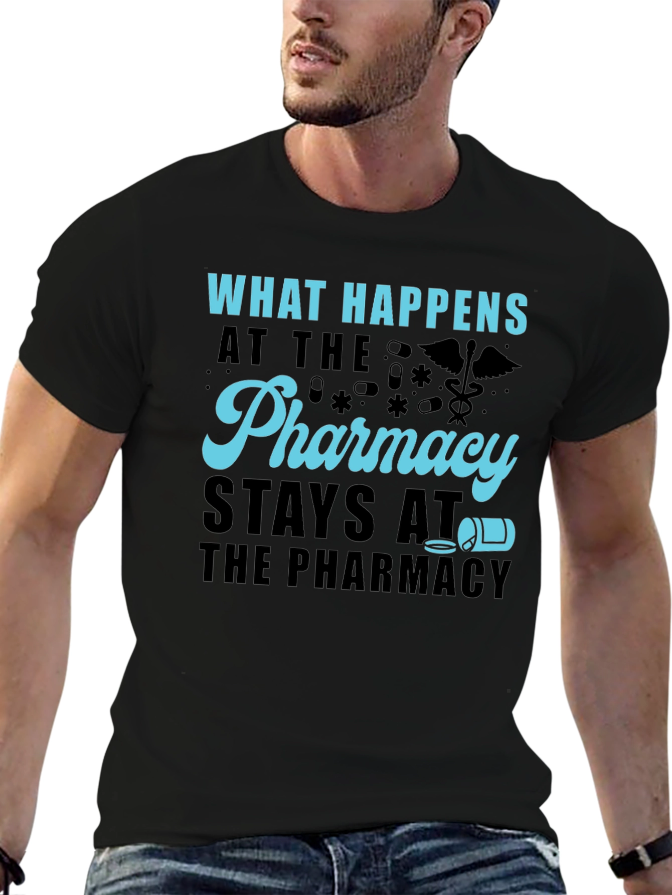 Black Pharmacy Humor T-Shirt - What Happens Stays view 6