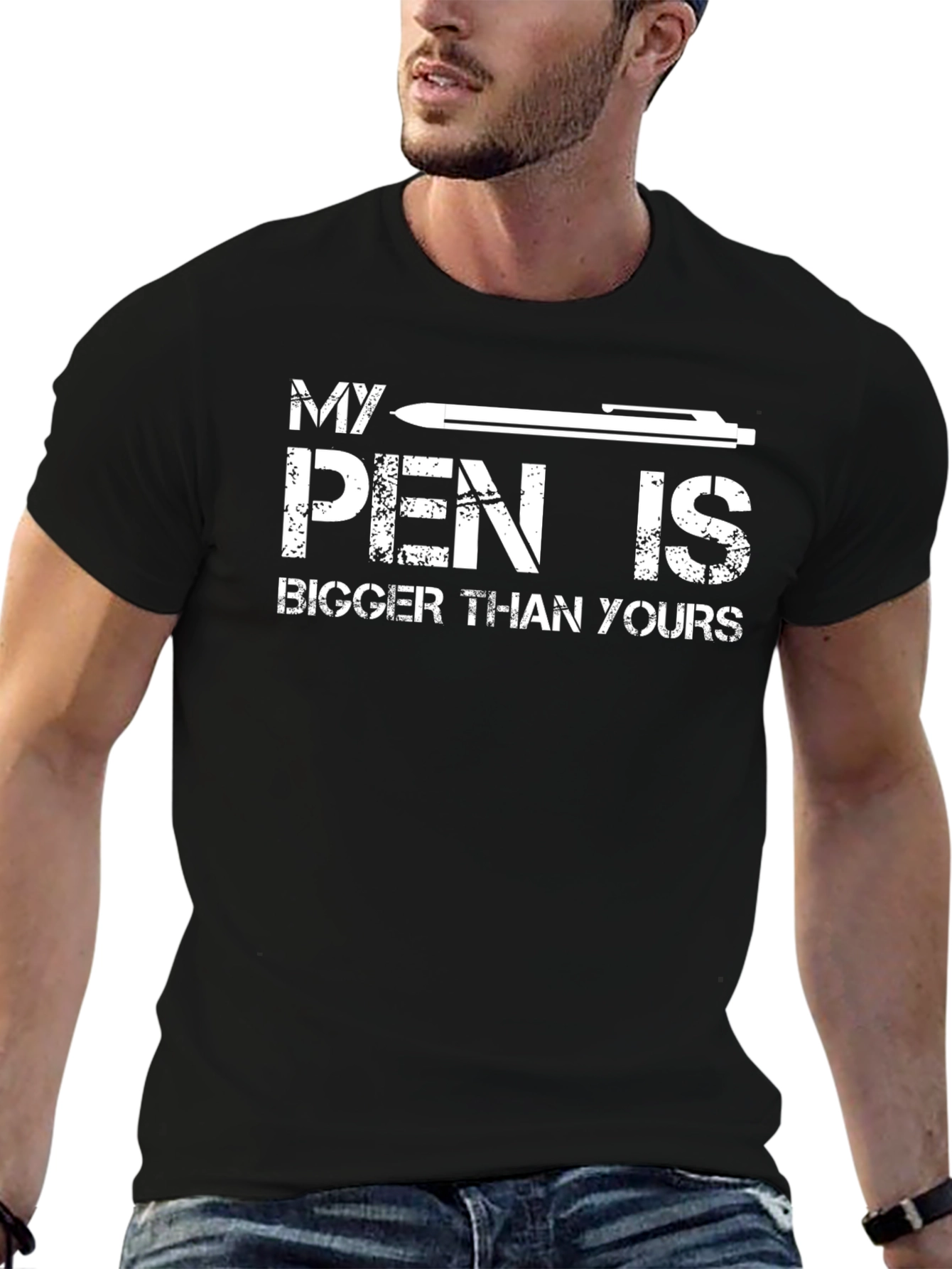 Black Funny My Pen Is Bigger Than Yours Graphic Tee view 6
