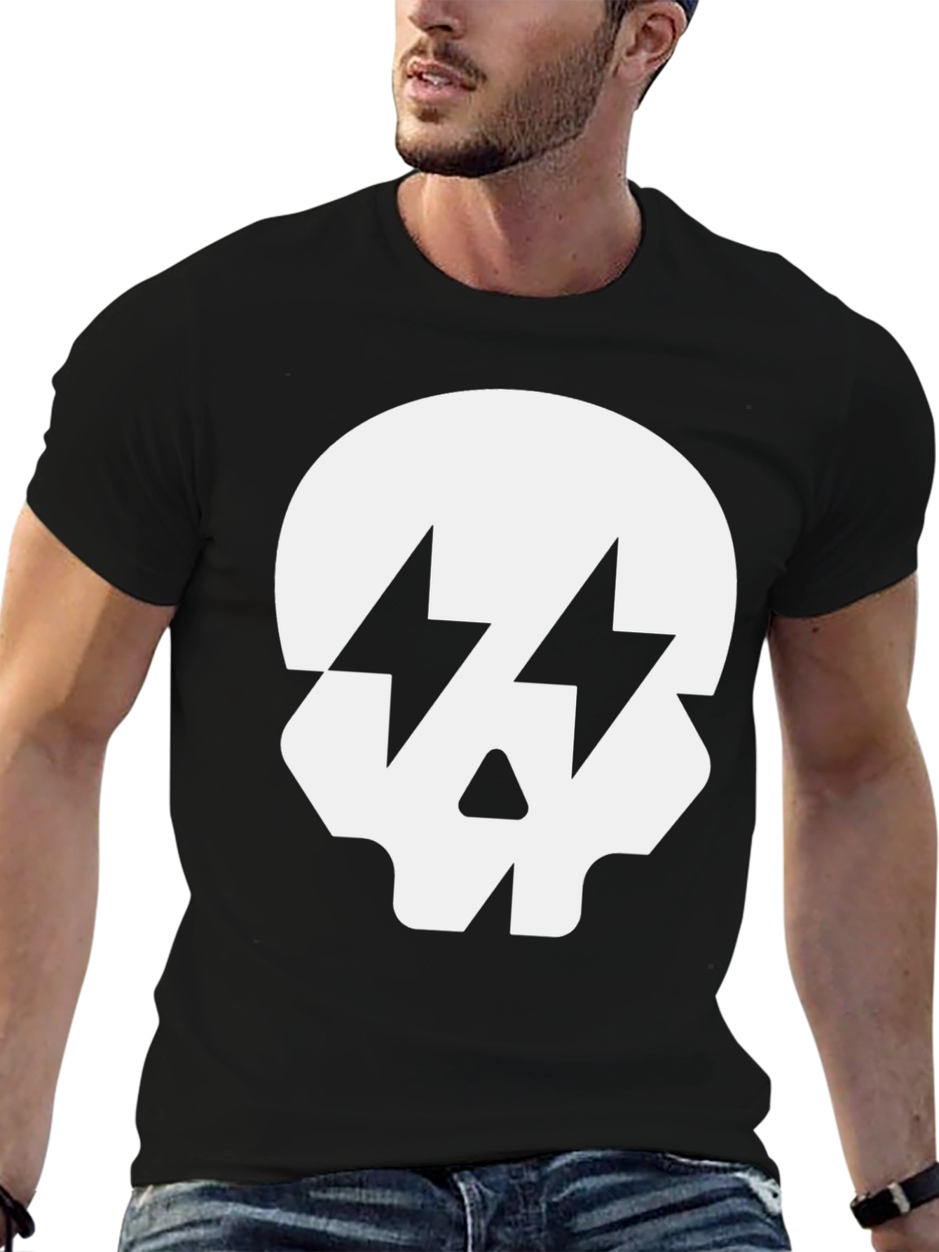 Black Skull with Lightning Bolt Eyes Black T-Shirt view 6