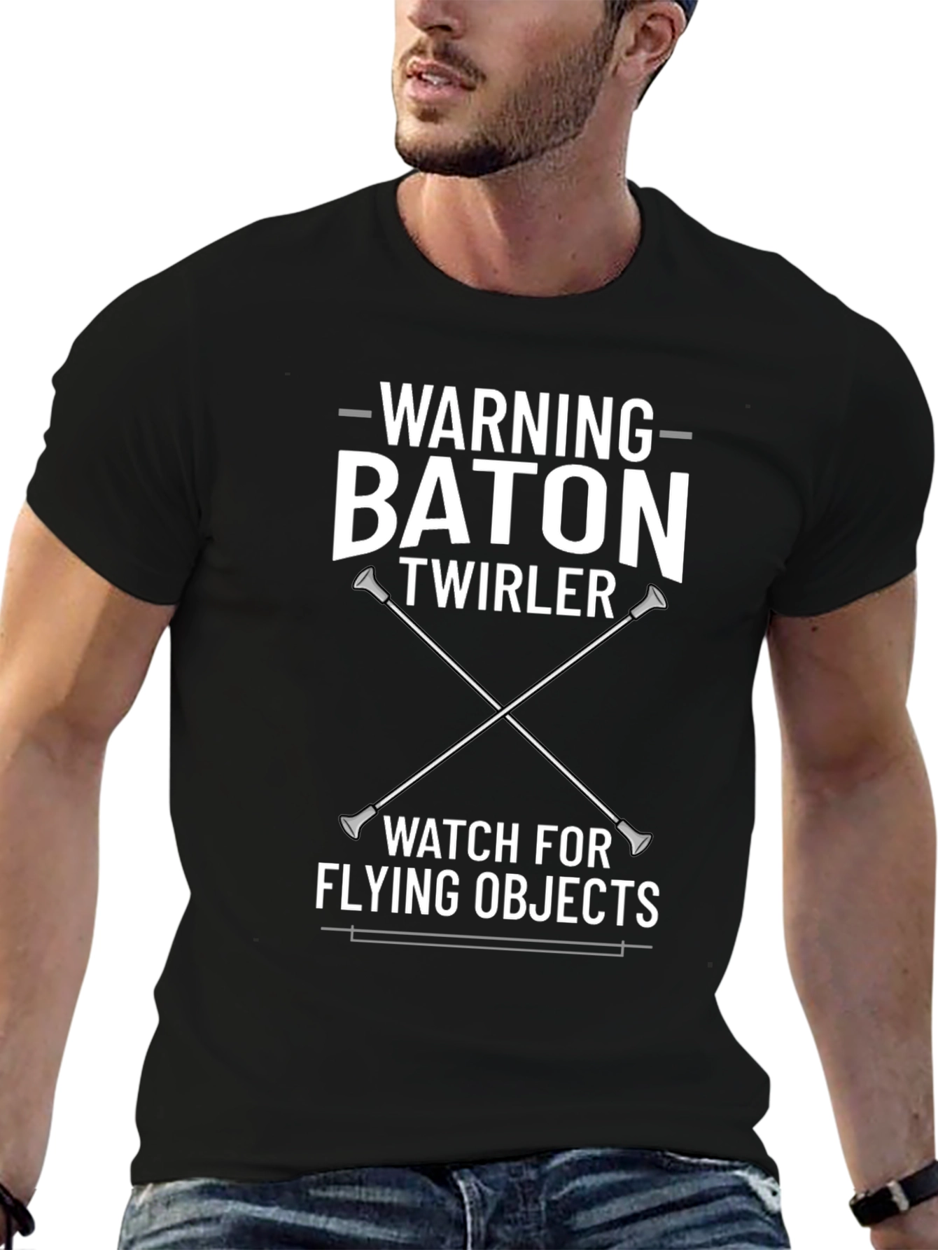 Black Warning Baton Twirler T-Shirt - Watch for Flying Objects view 6