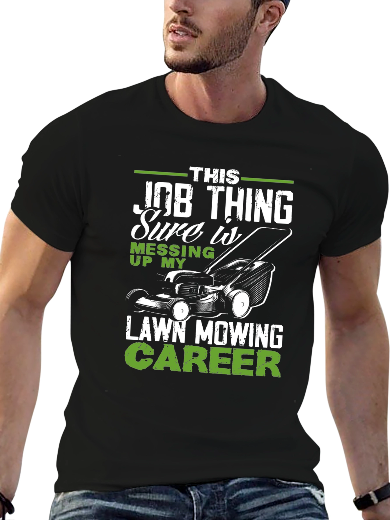 Black Funny Lawn Mowing Career T-Shirt view 6