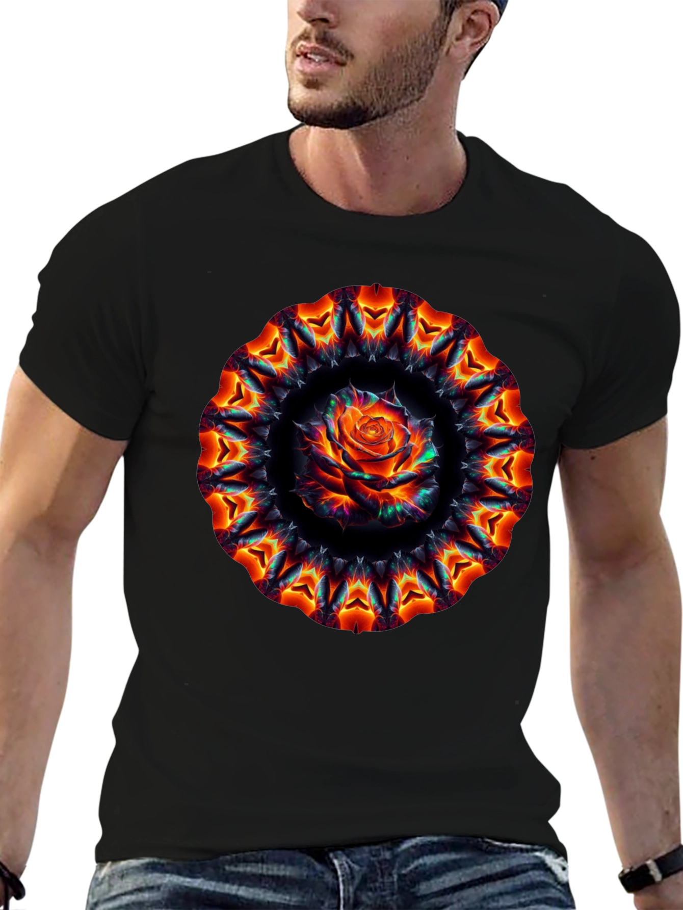 Black Fiery Rose Mandala Black T-Shirt view 6