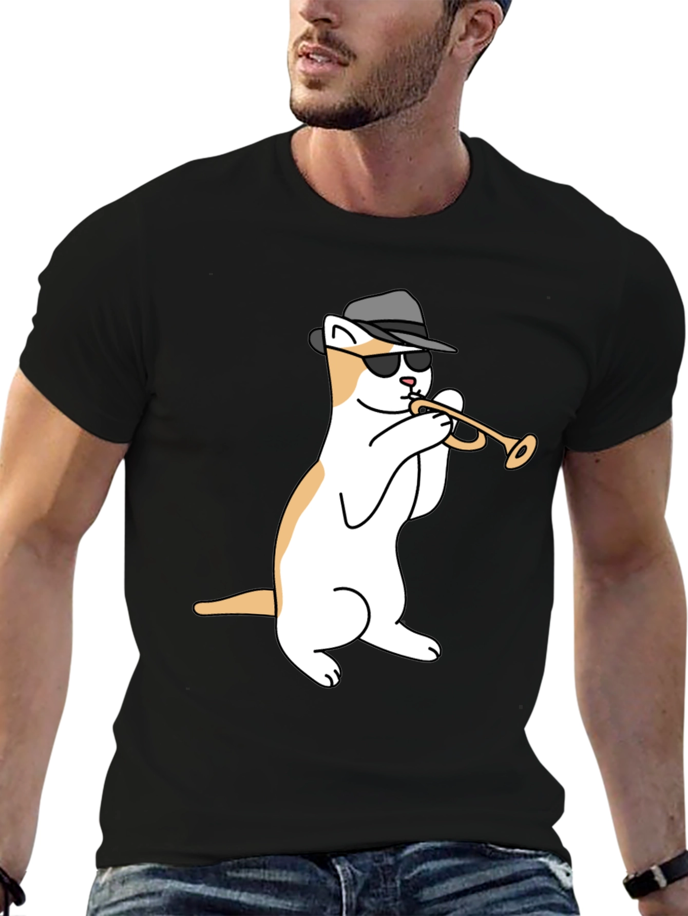 Black Cool Cat Trumpet Black T-Shirt view 6