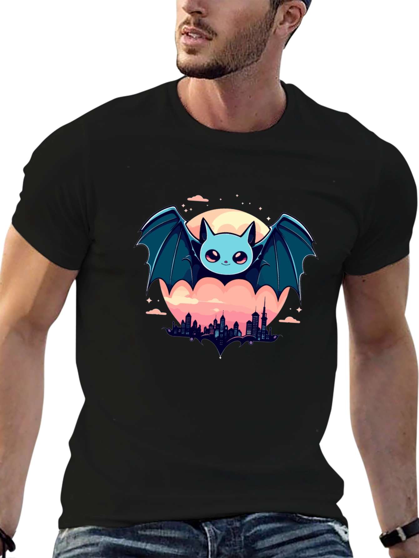 Black Cute Bat Over City Graphic Tee view 6