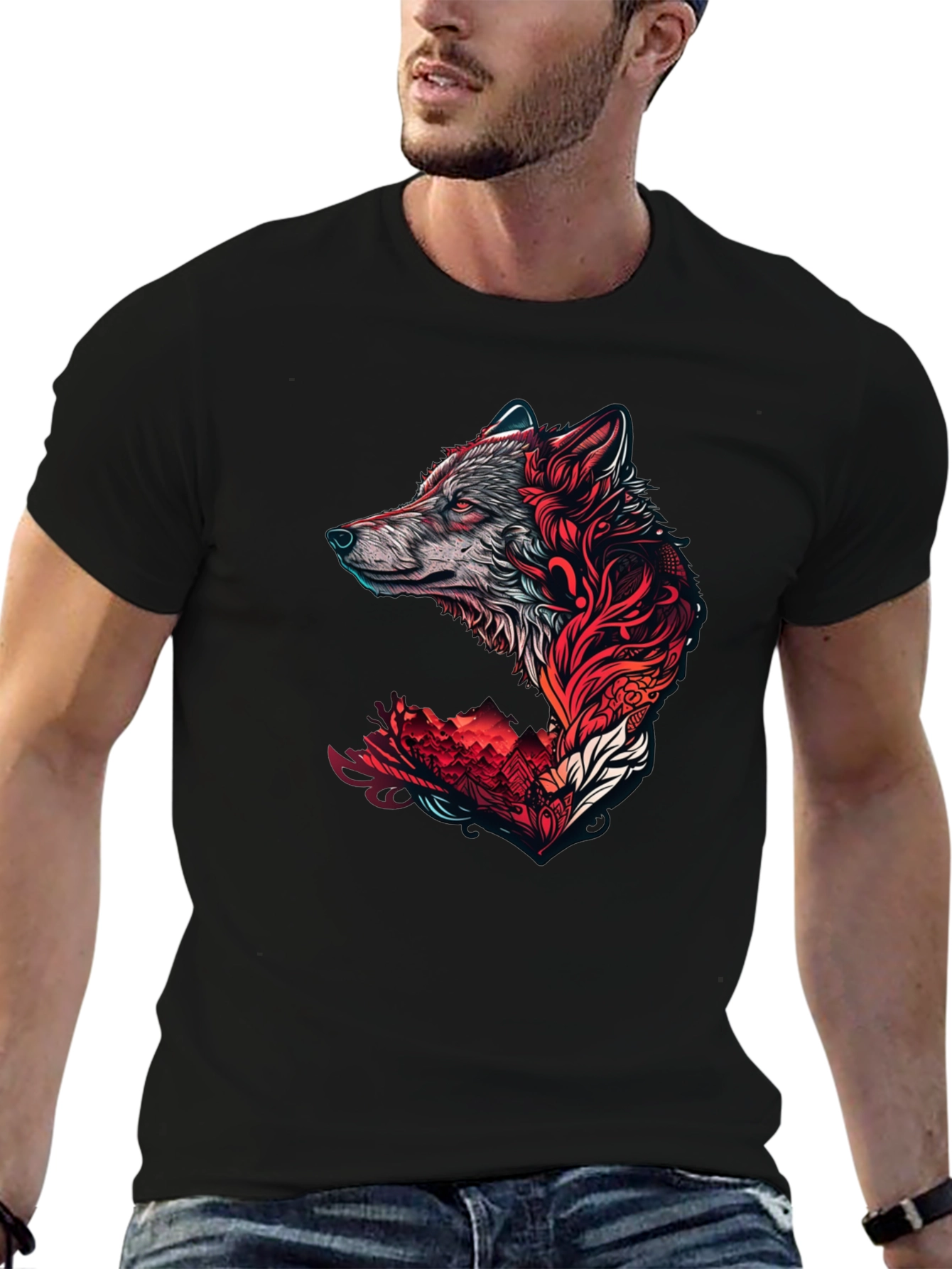 Black Wolf Graphic Print Crew Neck Tee - Black view 6
