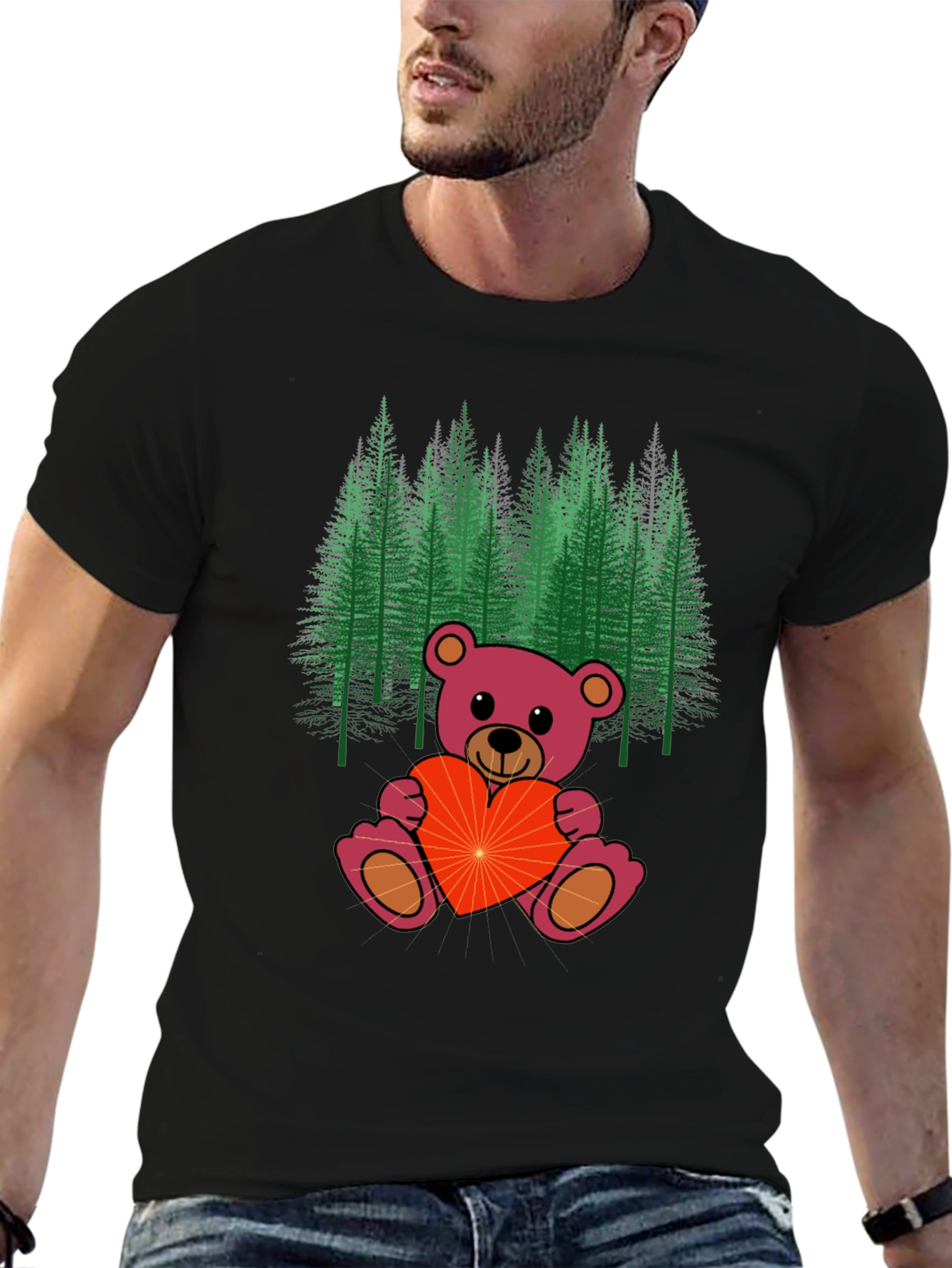 Black Teddy Bear Forest Graphic Tee - Men's Black T-Shirt view 6