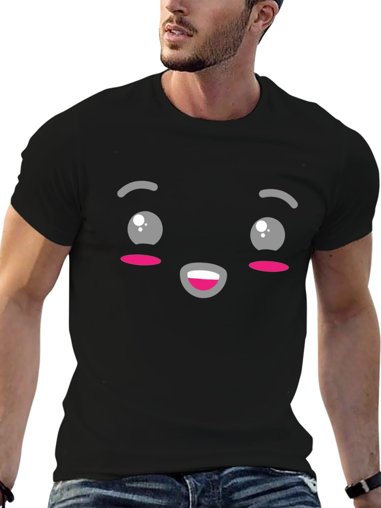 Black Cute Kawaii Style Face Black T-Shirt view 6