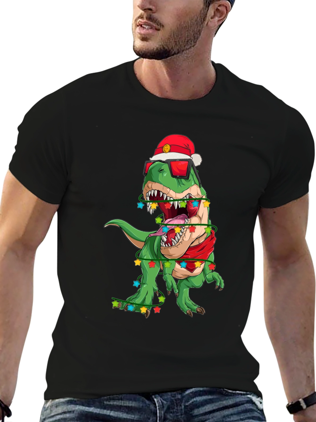 Black Festive Dinosaur T-Shirt: Holiday T-Rex in Santa Hat view 6