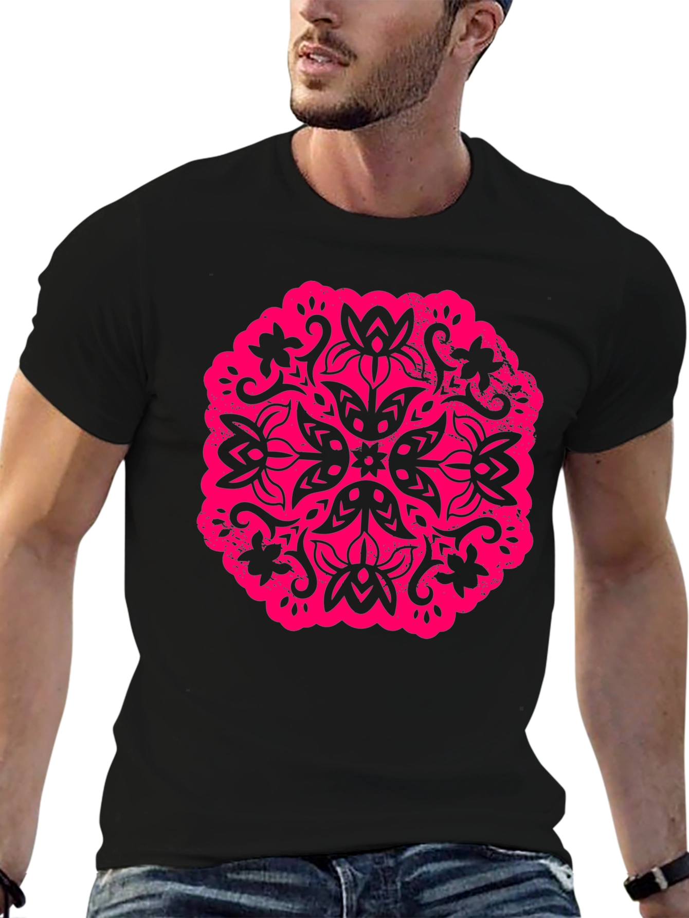 Black Black T-Shirt with Floral Mandala Graphic view 6