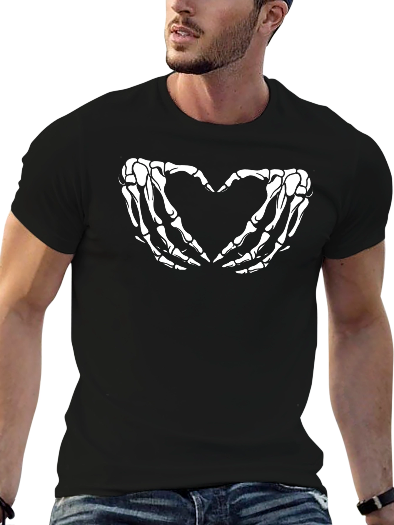 Black Skeleton Heart Hands Graphic Tee - Unisex Halloween Shirt view 6