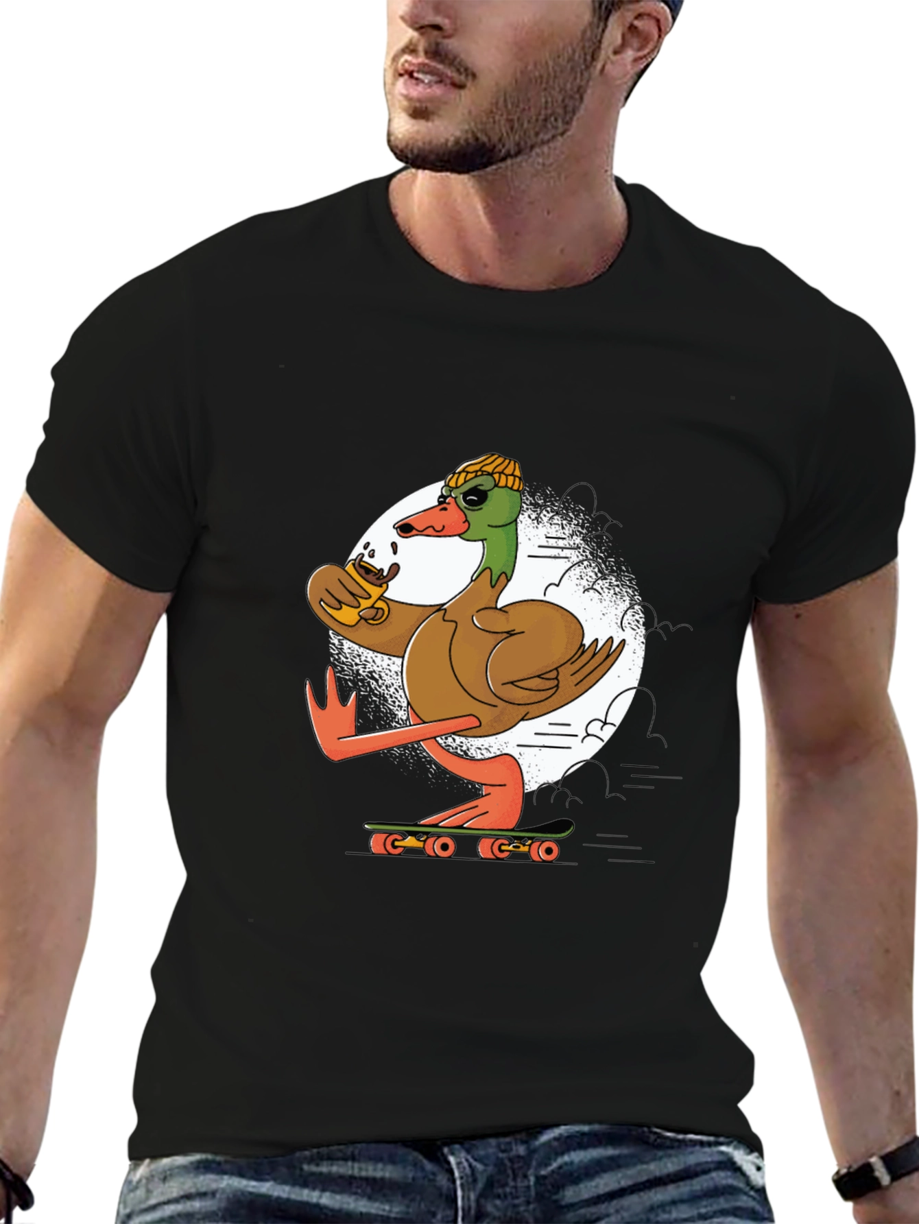 Black Skateboarding Duck T-Shirt: Cool Coffee Drinking Bird view 6