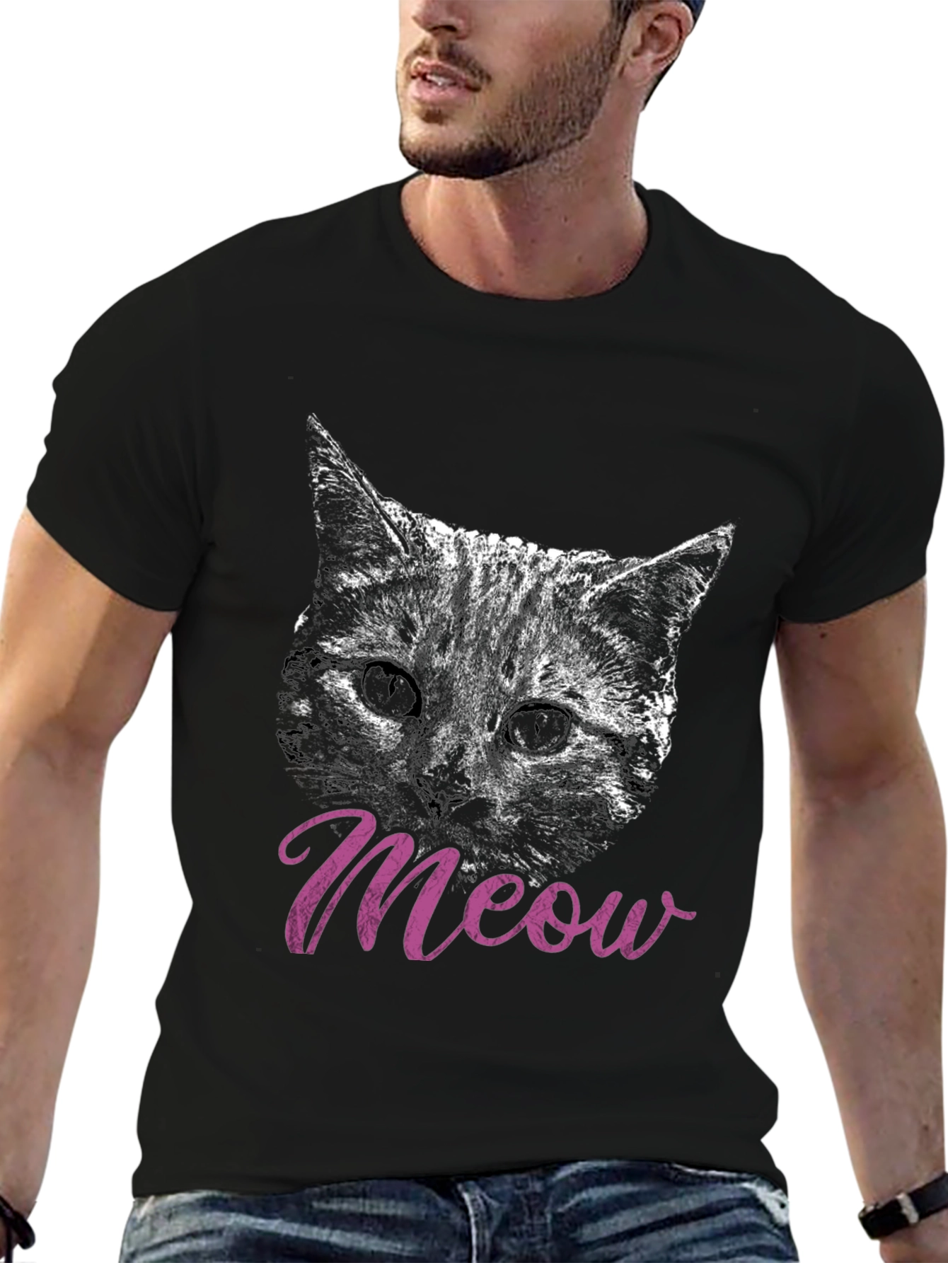 Black Cat Meow T-Shirt, Black, Crew Neck, Casual view 6