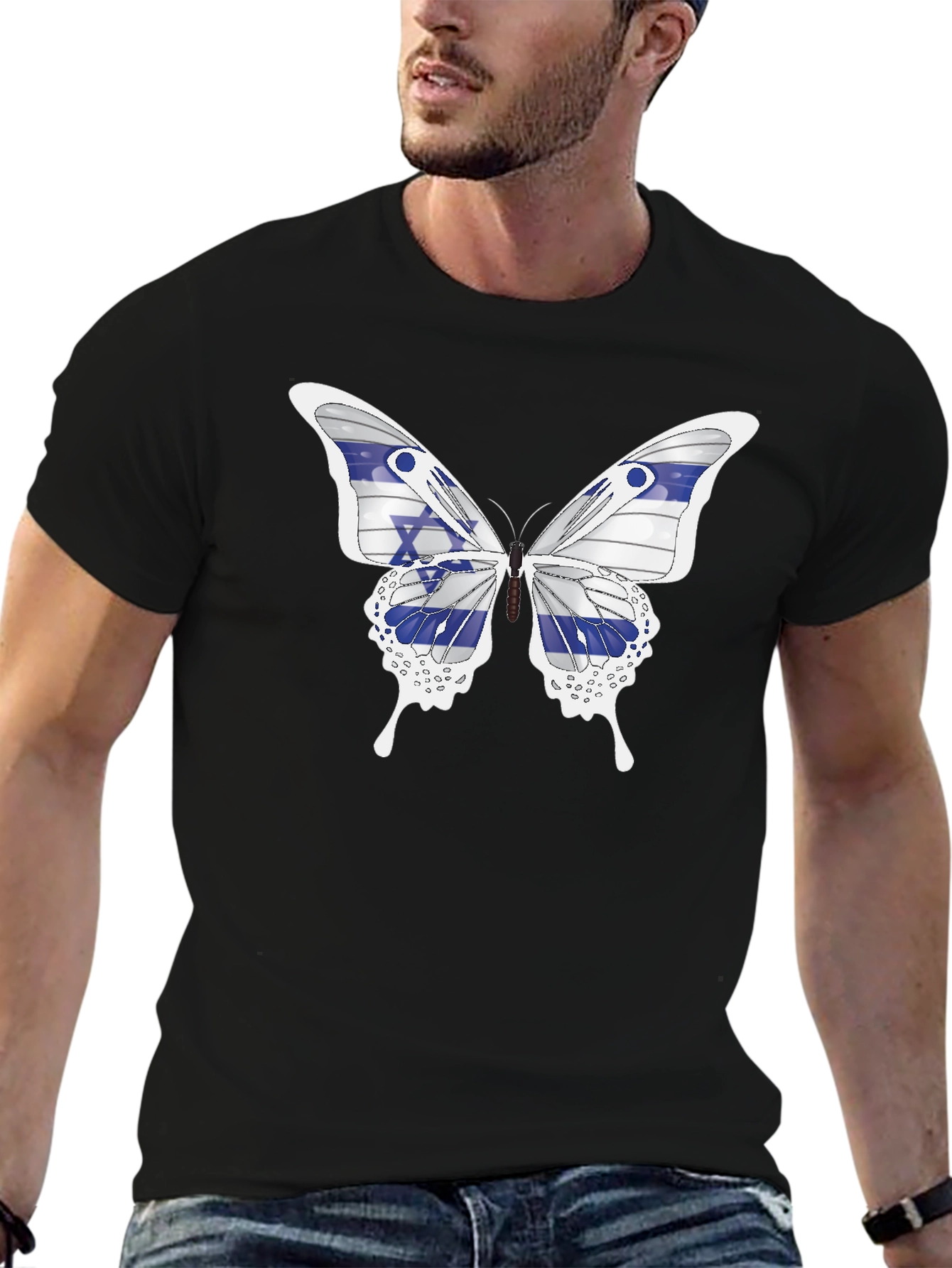 Black Israeli Flag Butterfly Graphic T-Shirt view 6