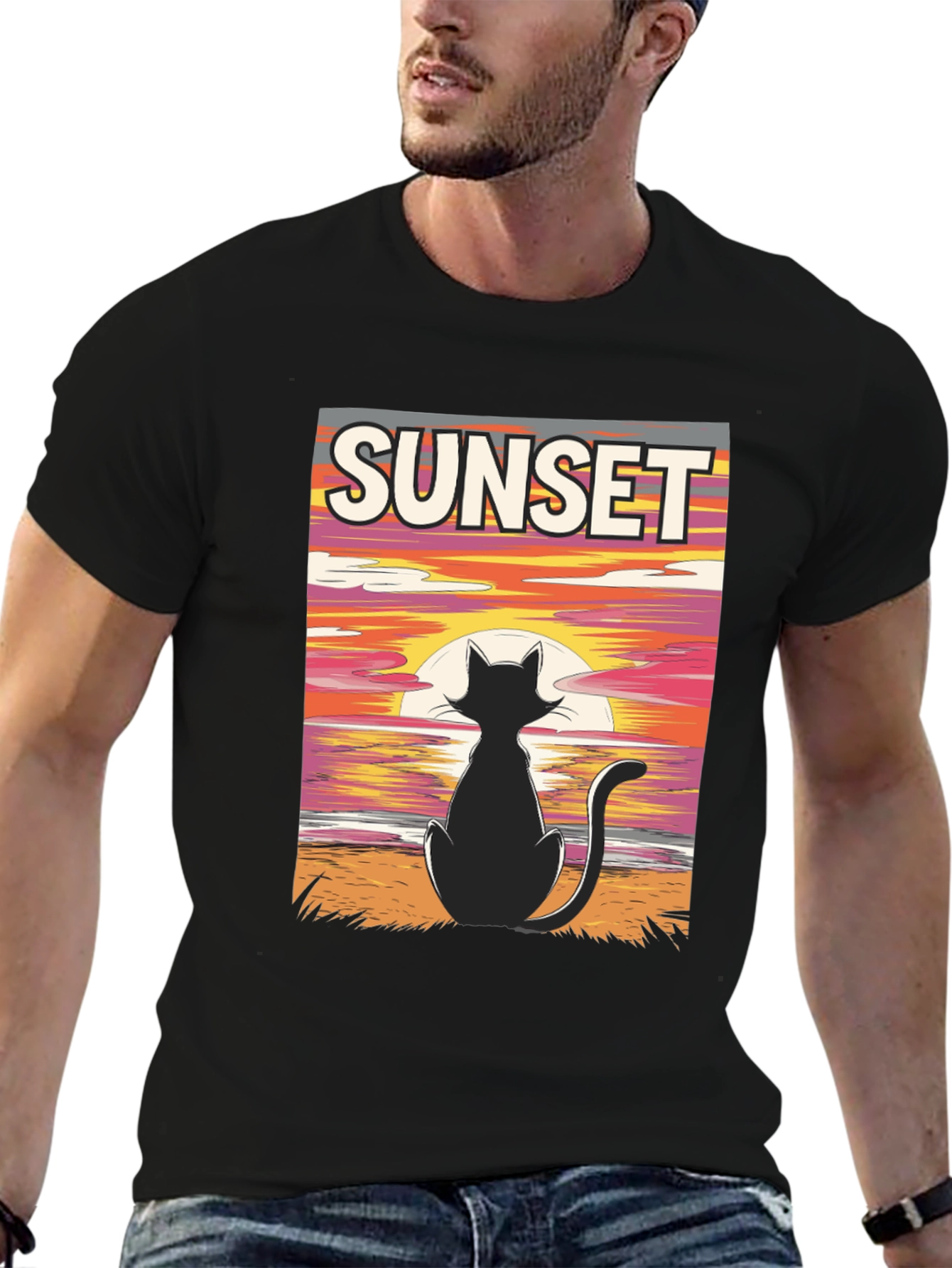Black Sunset Cat Graphic T-Shirt - Black view 6