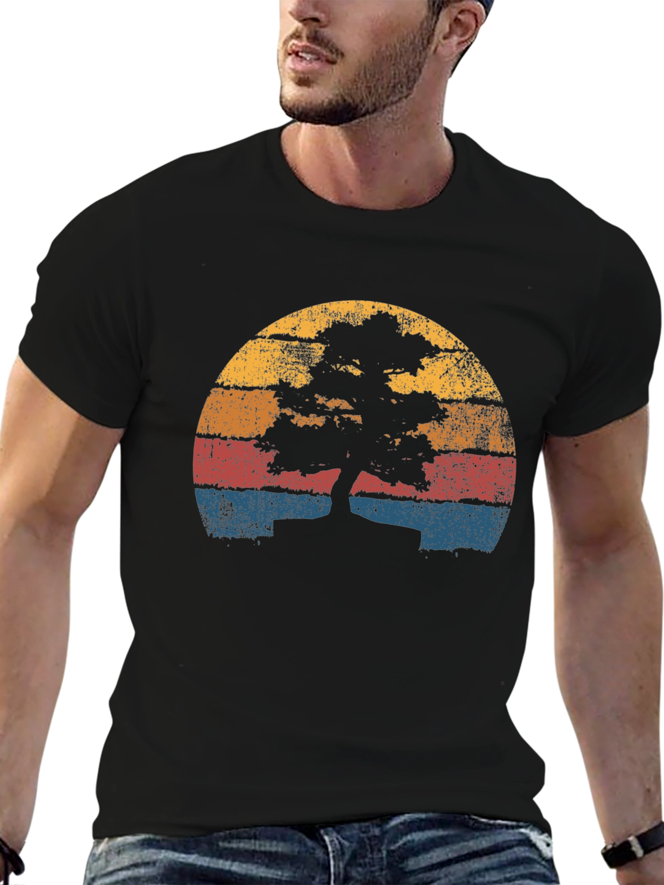 Black Retro Bonsai Tree Sunset T-Shirt view 6