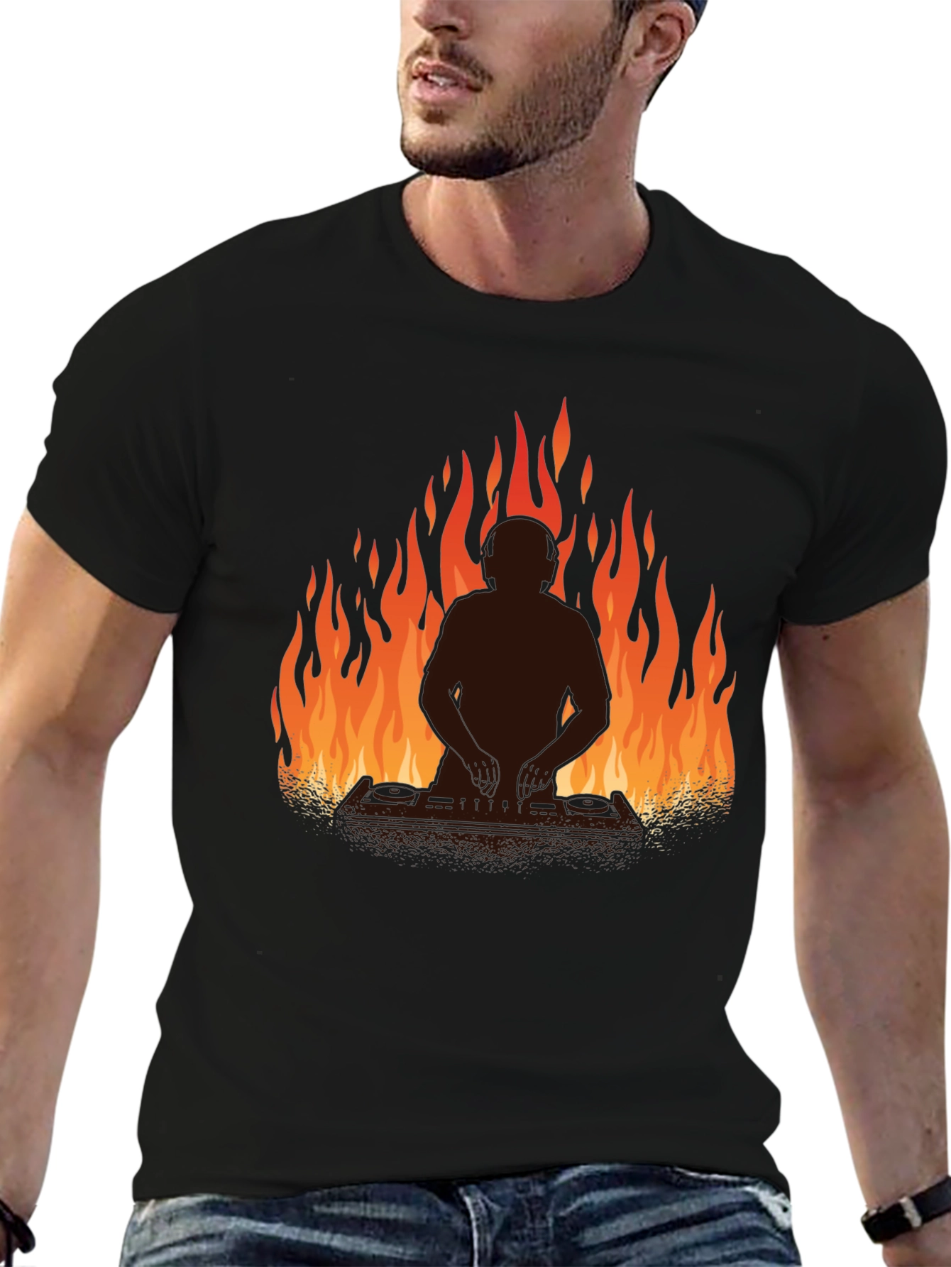 Black DJ in Flames Graphic T-Shirt - Black view 6