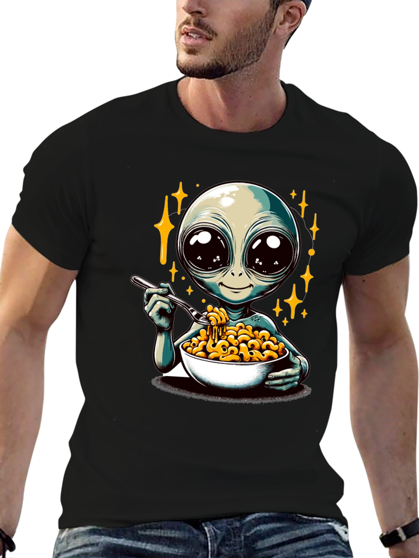 Black Alien Eating Mac & Cheese Graphic T-Shirt view 6