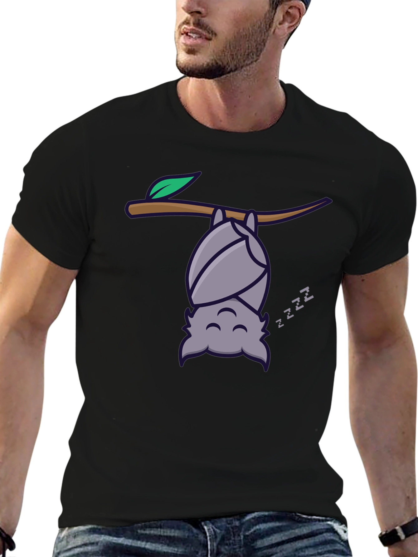 Black Cute Bat Sleeping T-Shirt - Funny Cartoon Tee view 6