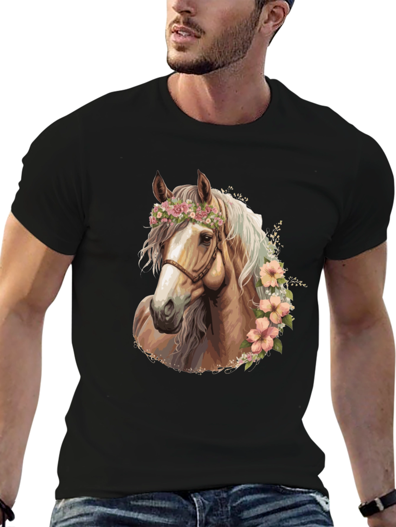 Black Floral Horse Graphic Tee - Stylish Black T-Shirt view 6