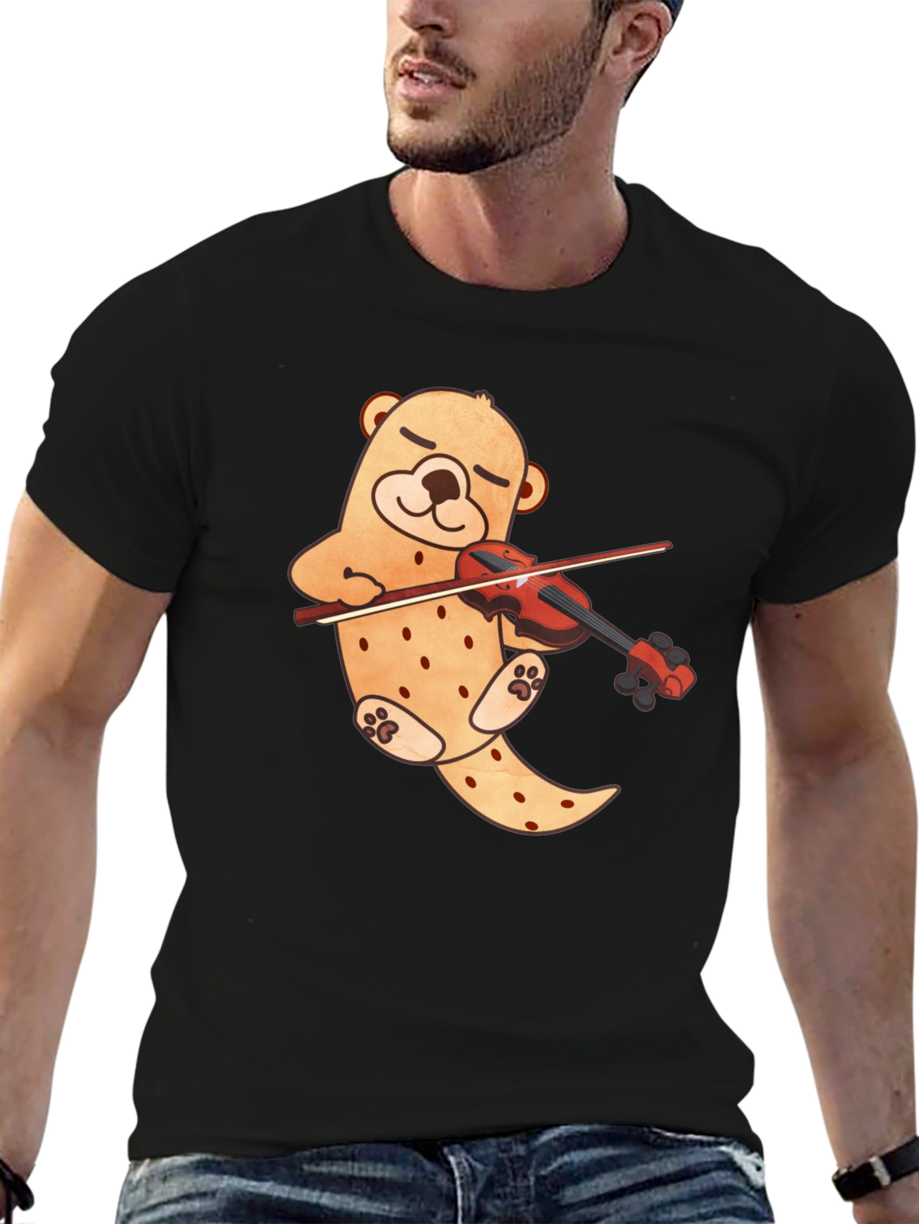 Black Cute Bear Violinist Black T-Shirt view 6