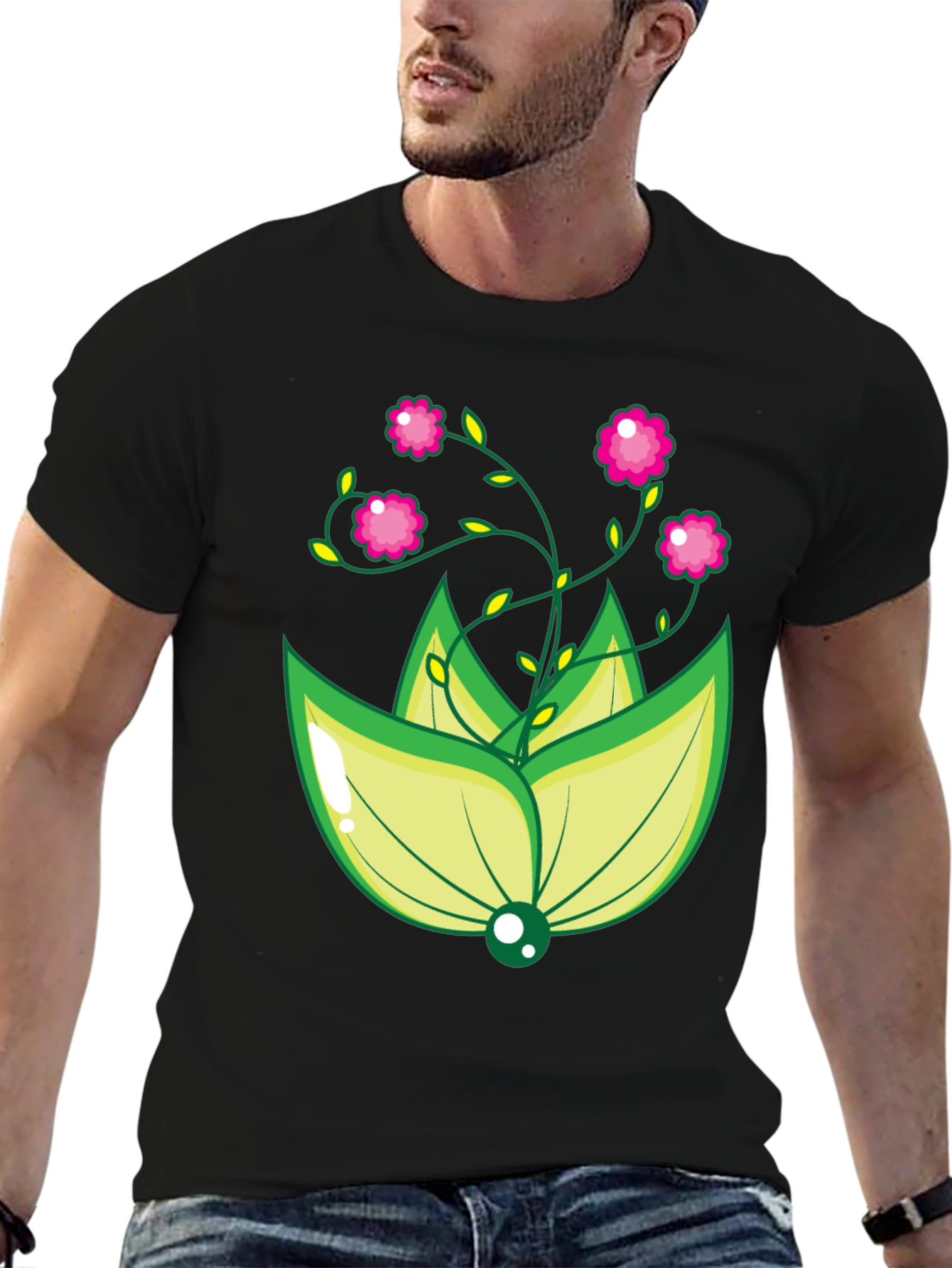 Black Floral Design Black T-Shirt view 6