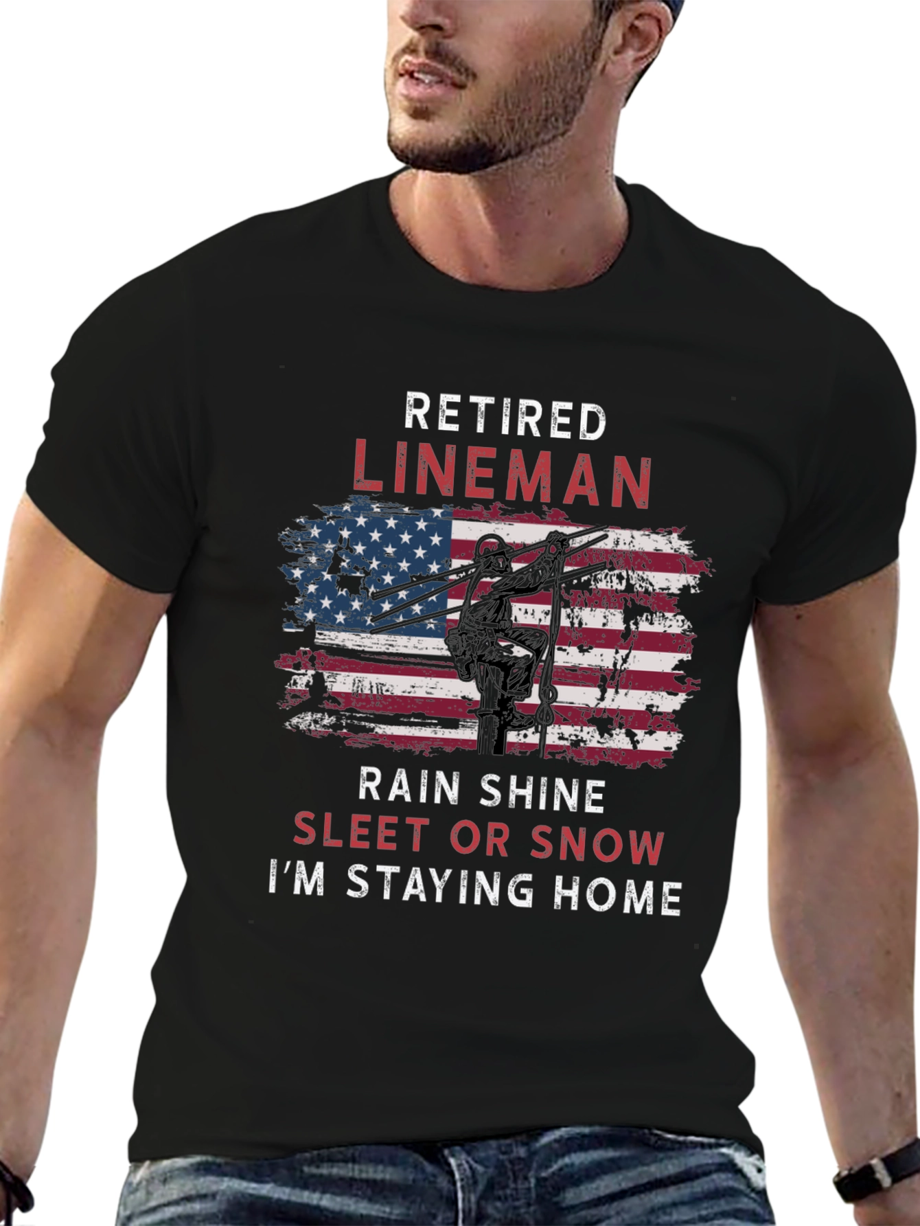 Black Retired Lineman T-Shirt - American Flag Design view 6
