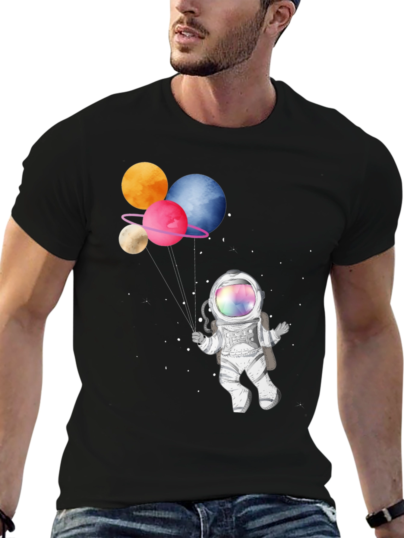 Black Astronaut with Planet Balloons Graphic T-Shirt view 6